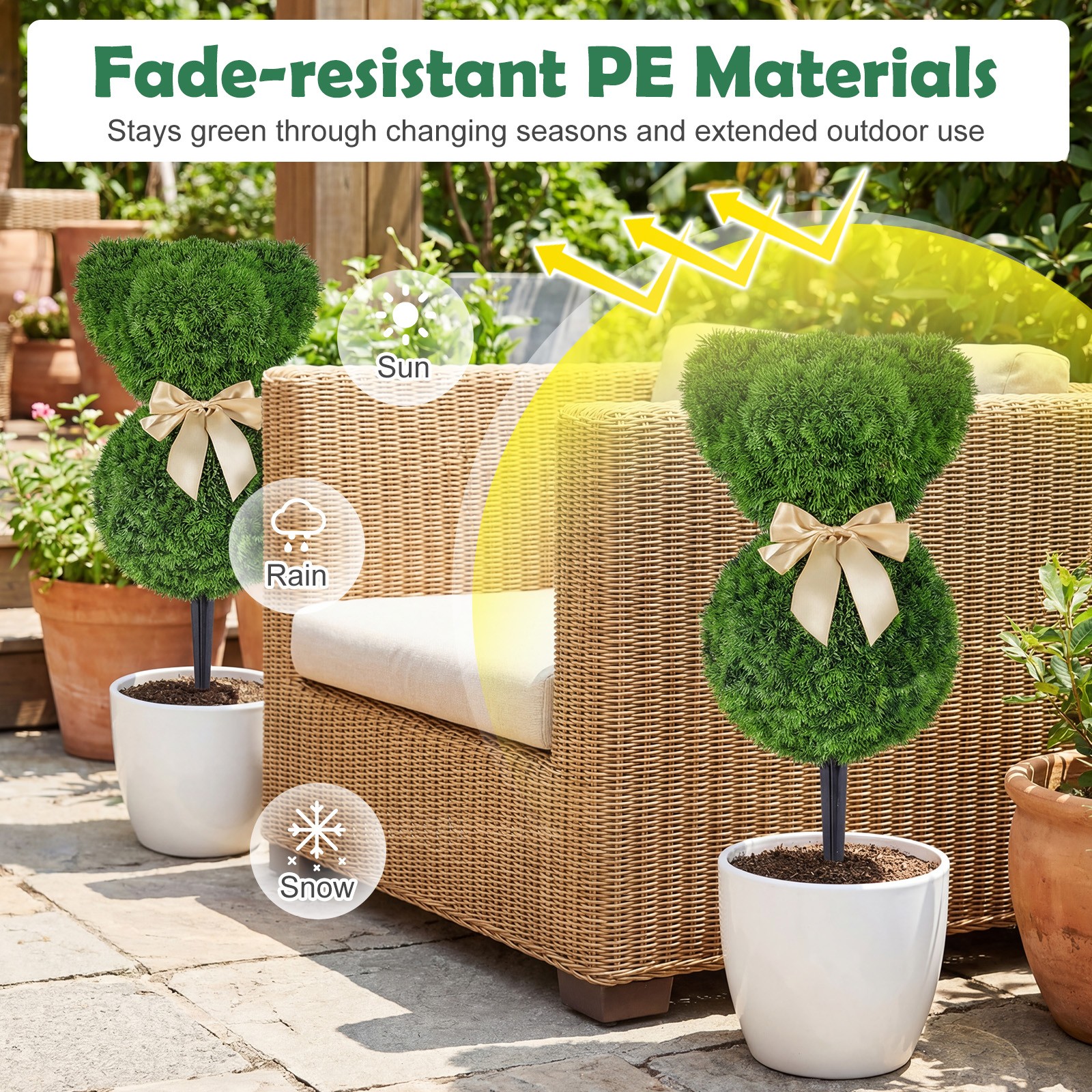 2 Pcs Teddy Bear Topiary Trees, Sun-resistant Faux Boxwood Plants w/ Bowknot