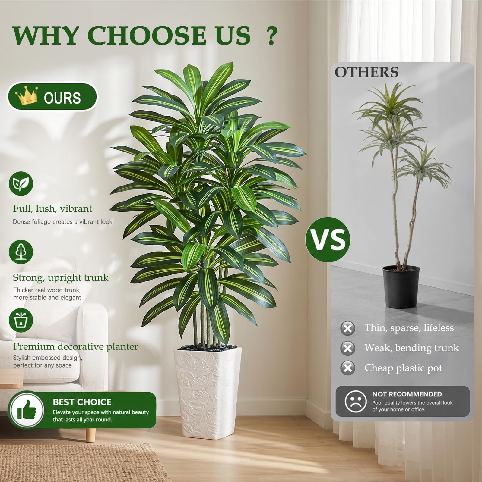 Zyfera Artificial Dracaena Tree 5FT – Fake Tree with White Tall Planter – Art…