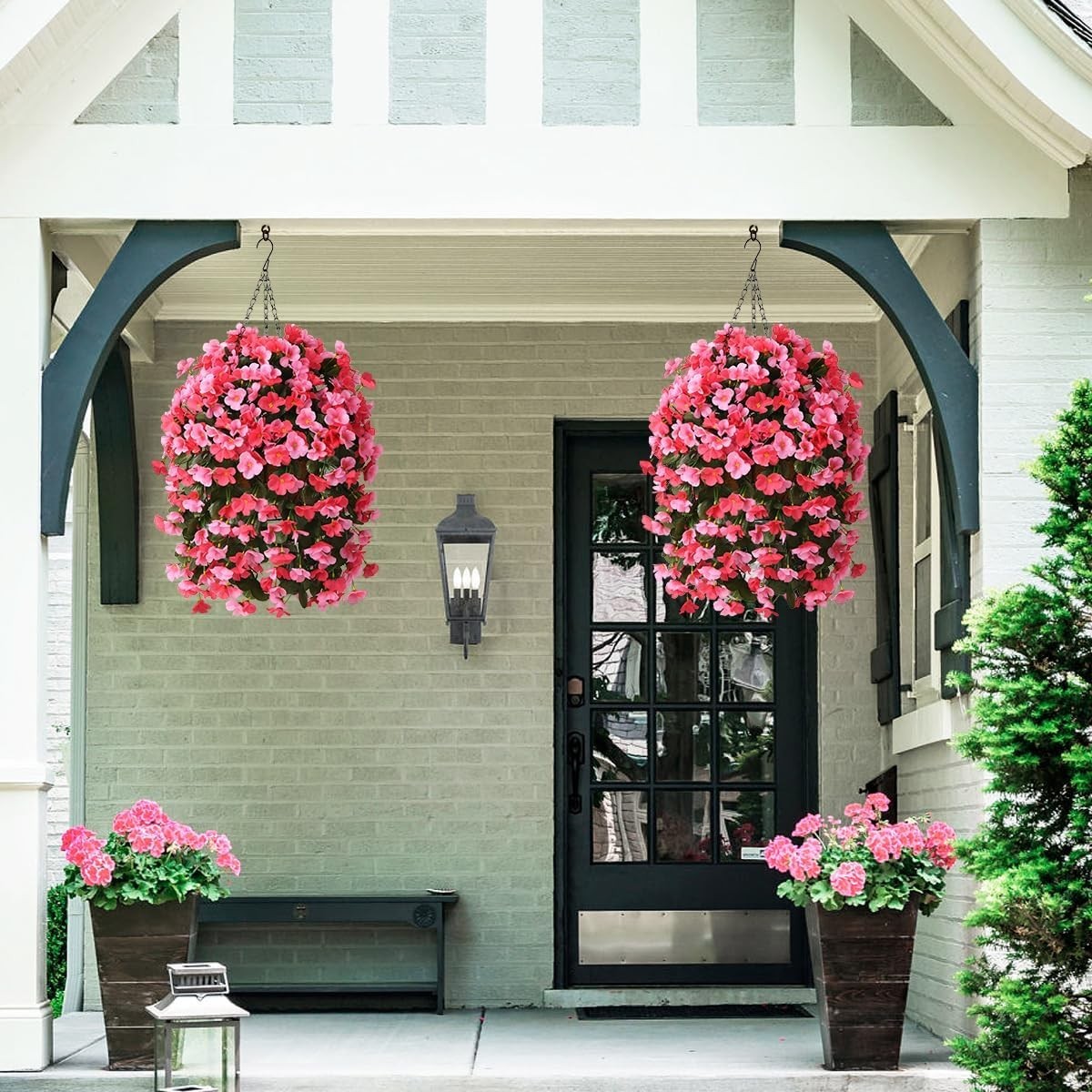 Low Maintenance Hanging Flower Basket – 4 Silk Begonias for Outdoor Elegance