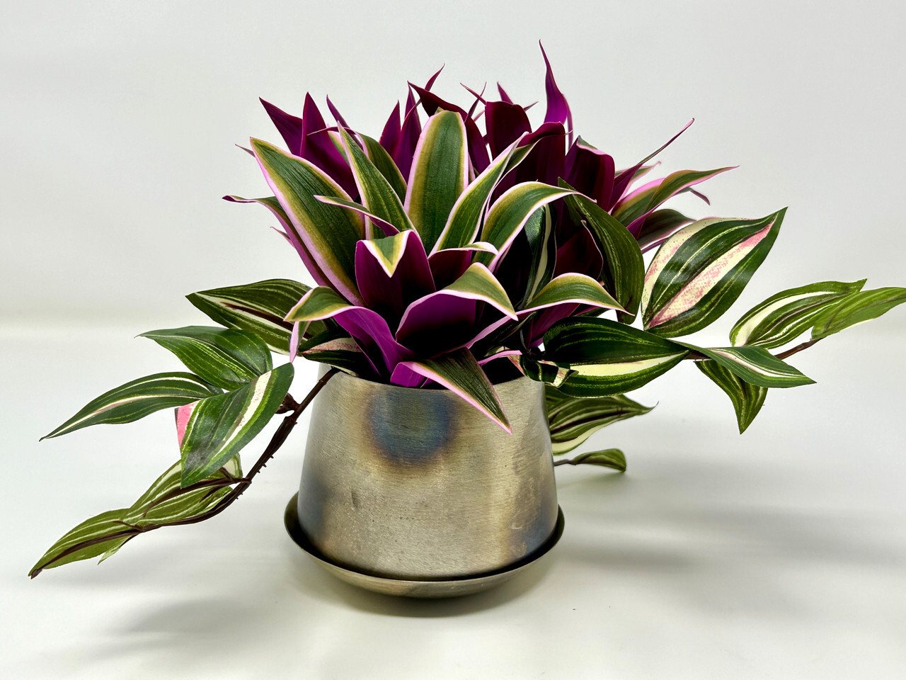 7.5″ Artificial Purple/Pink TRADESCANTIA Silk potted plants in Silver Metal Pot