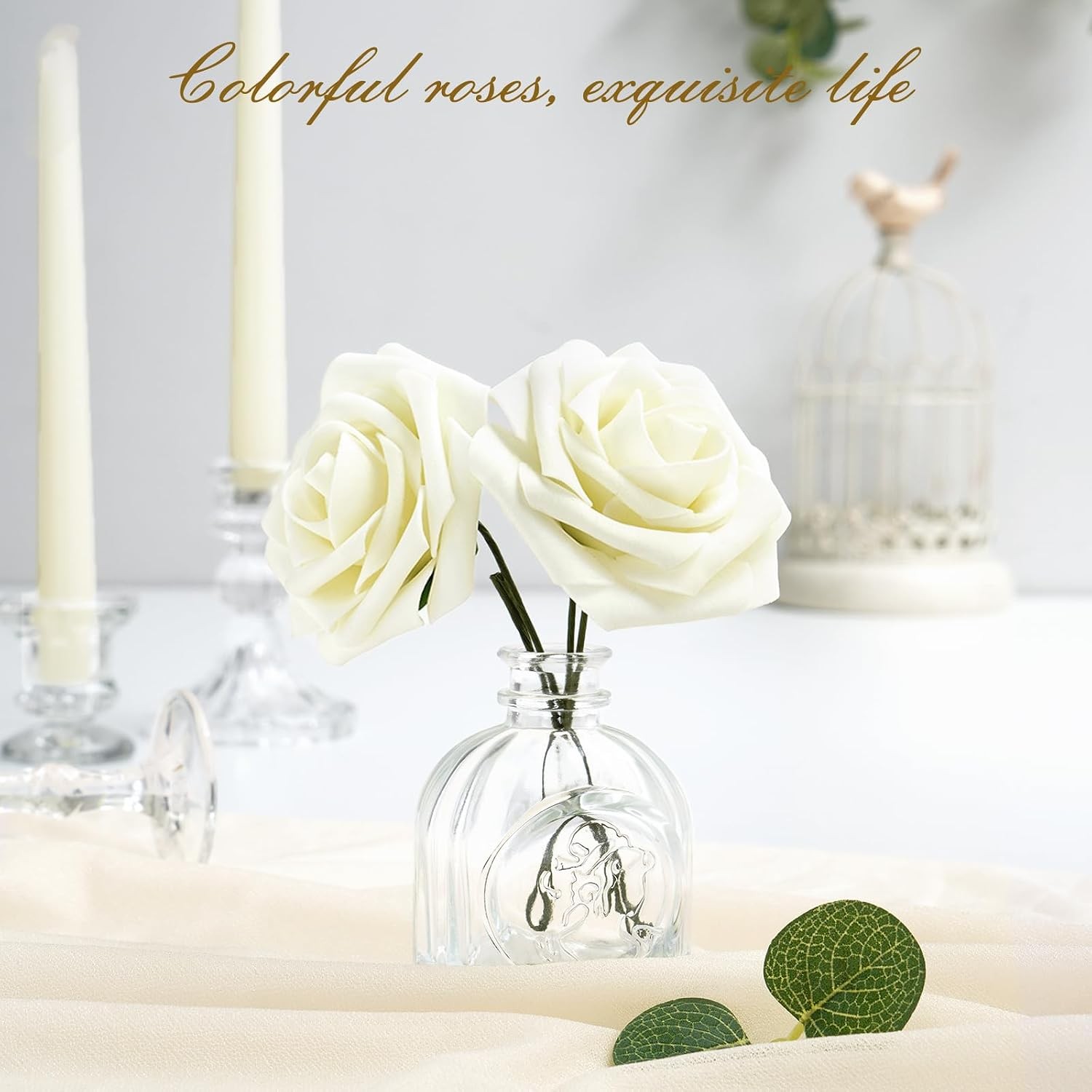 16Pcs Artificial Flowers Fake Roses with Stems, Ivory White Boxed Foam Roses for