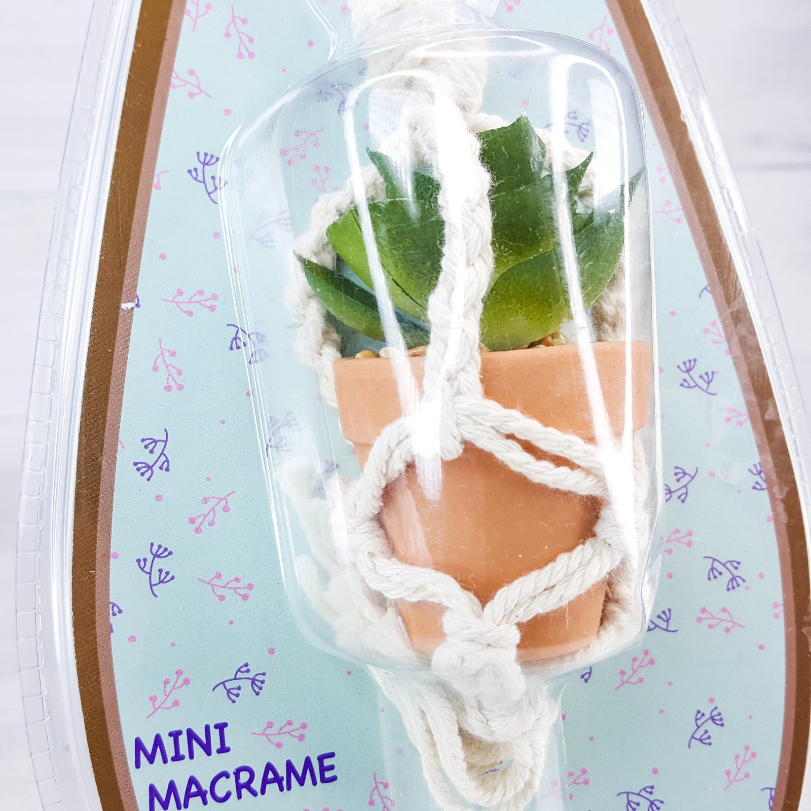 Mini Macrame 3″ Faux Succulent Hanging Plant w Holder Hanger Clay Pot NEW