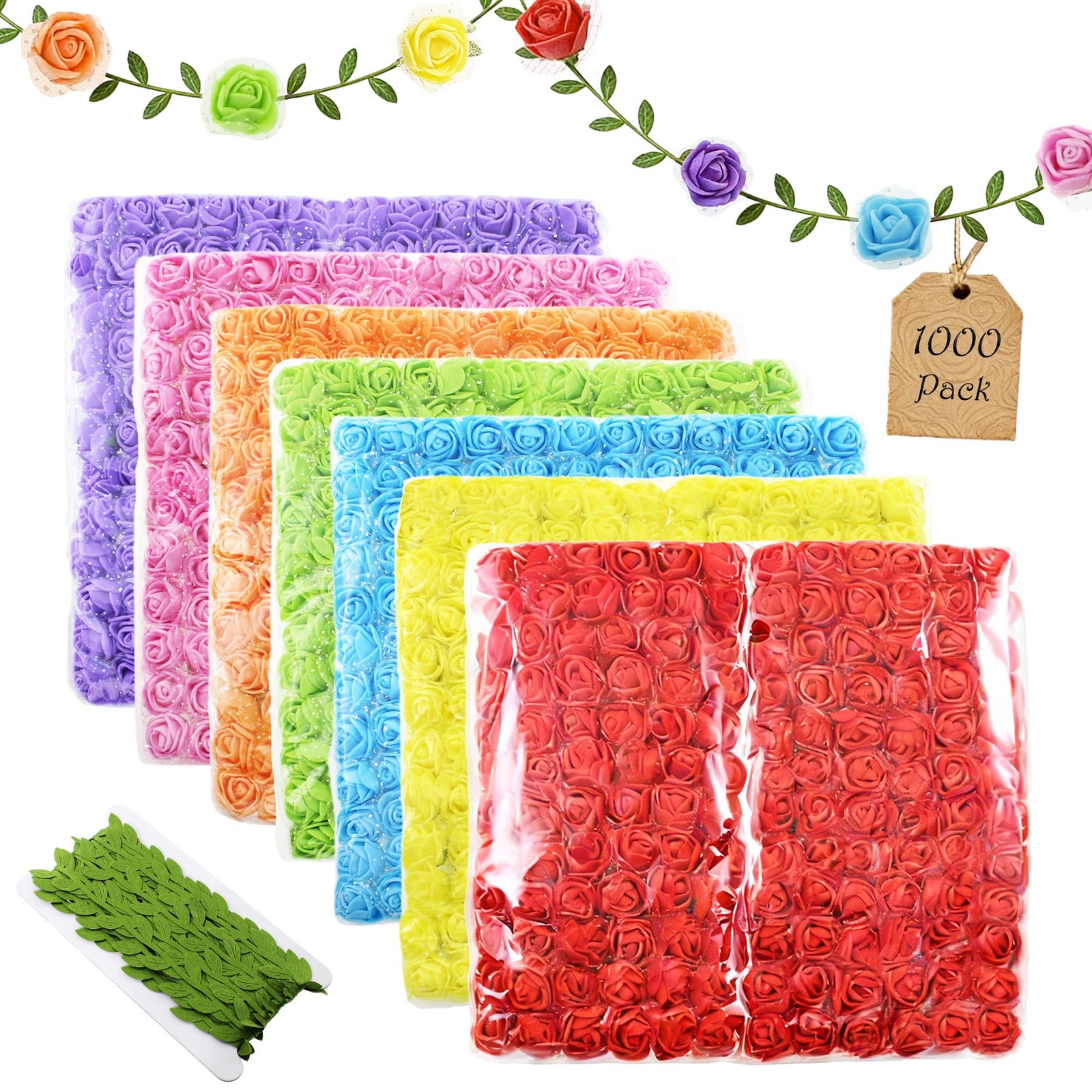 1000 PCS 0.6 Inch Mini Fake Rose Head Gauze Foam Artificial Flowers 7Color