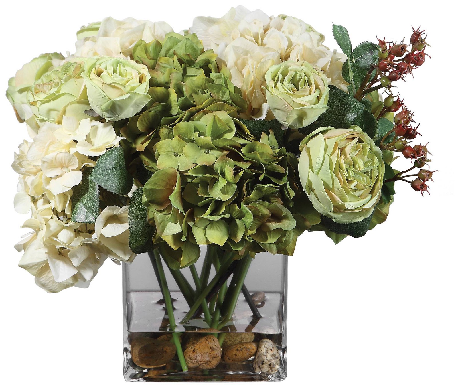 Potted Faux Artificial Flowers Realistic Cream Hydrangea Rose in Vase Home Decor