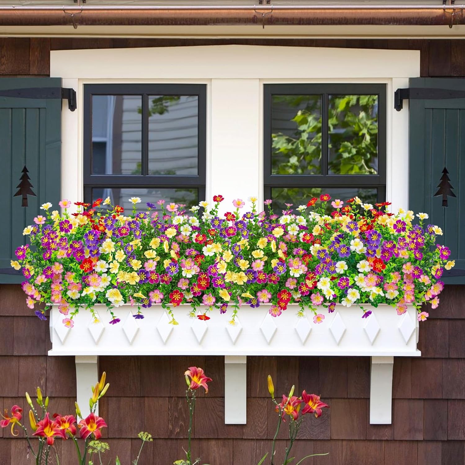 24 Bundles Artificial Silk Flowers for Outdoors, Fake Plants Faux Greenery