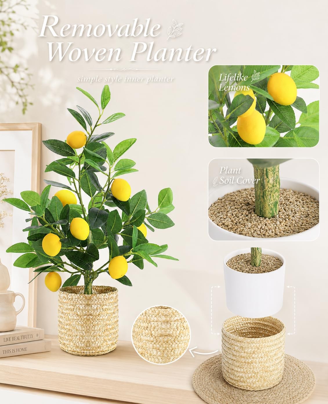 Artificial Lemon Tree with Woven Basket, Faux Lemon Decor for Kitchen and Hom…
