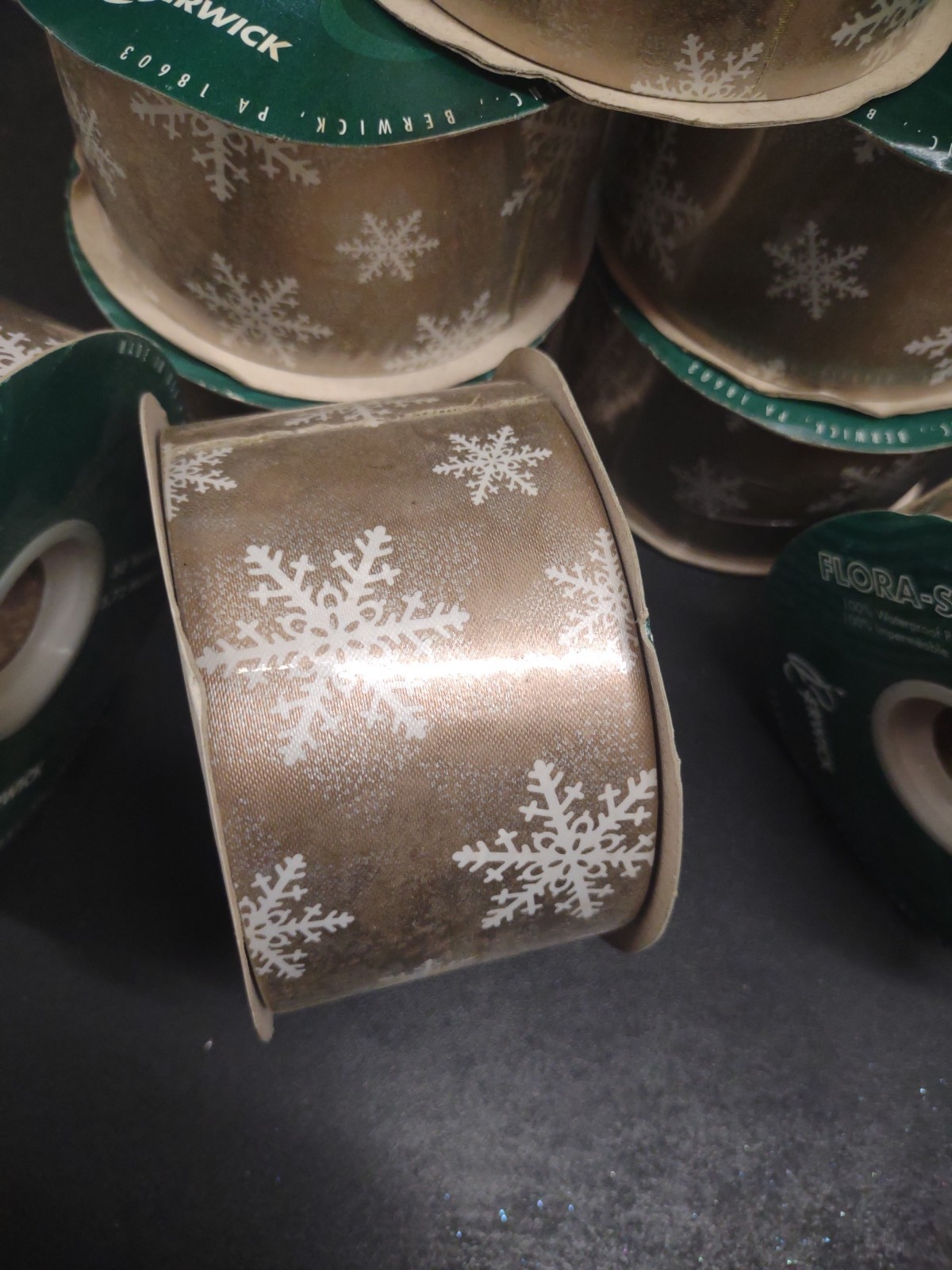 50Yd Flora-Satin Old Gold Ice Crystal Ribbon, Waterproof 2-3/8″ Snow Flake Frost