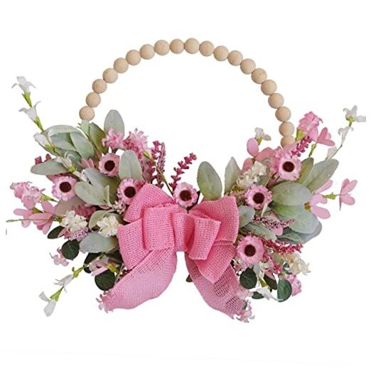 16″ Spring Wooden Beaded Door Wreath Pink Daisy, Burlap Bow Wreath,