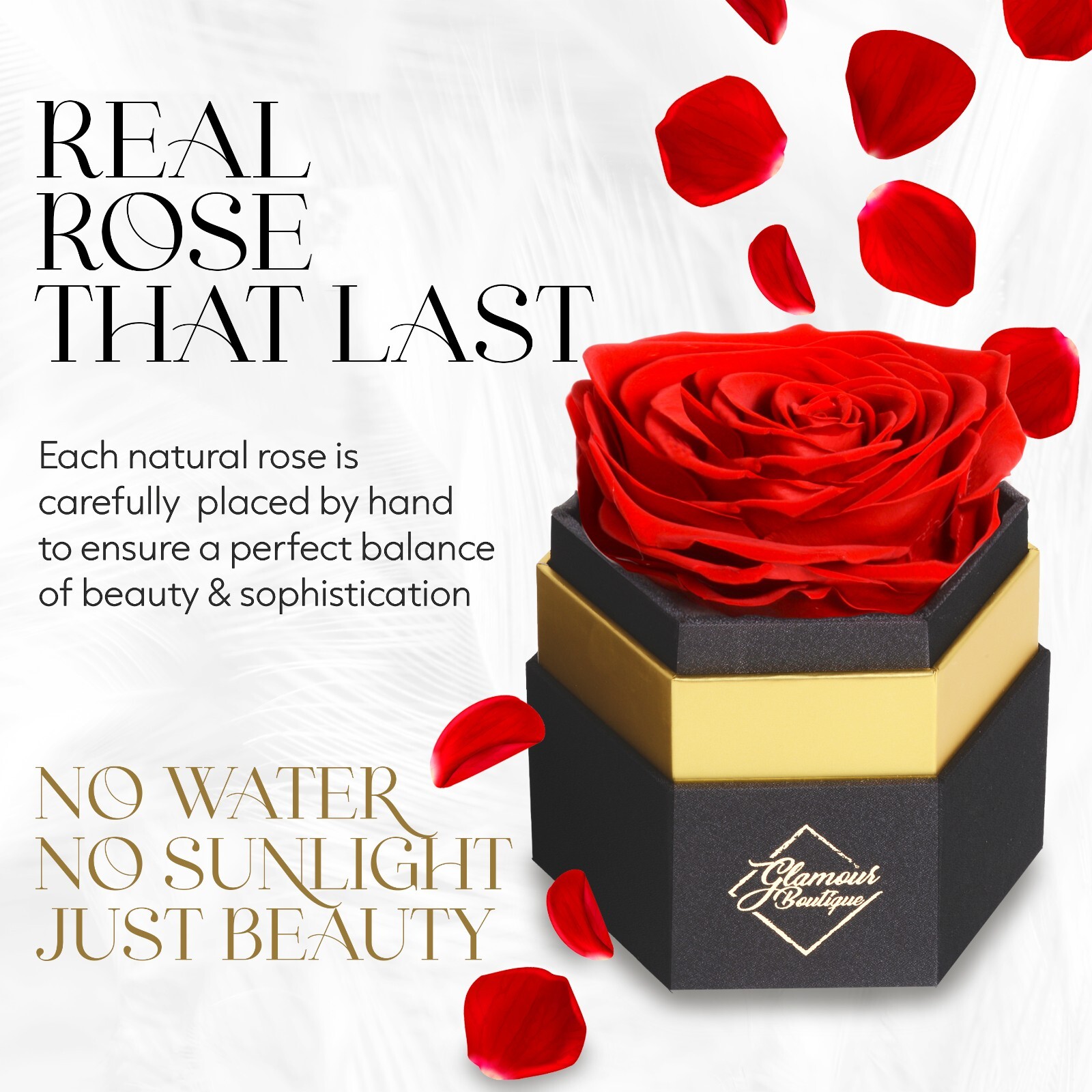 Glamour Boutique Hexagon Single Forever Real Rose – Preserved Roses in a Box
