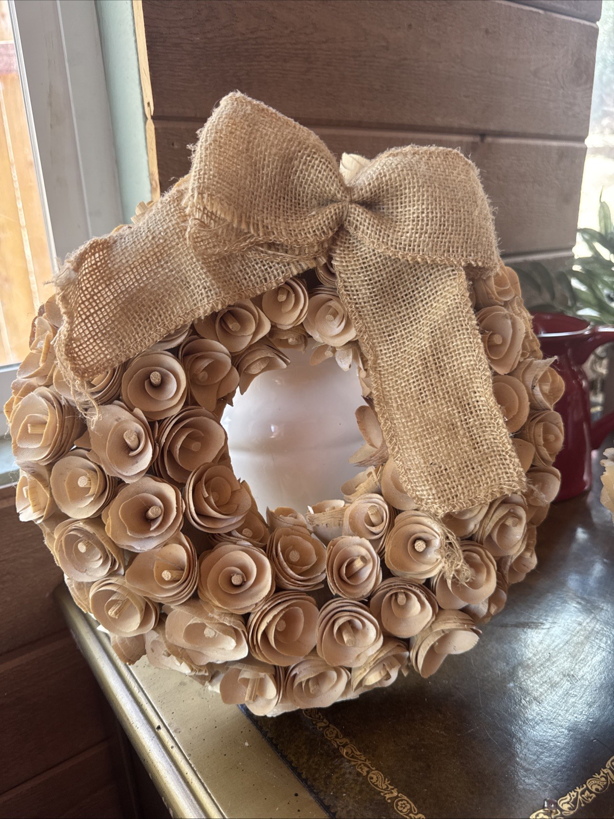 Sola Rose Flower Wood Curl Wreath Sepia Toned Beige