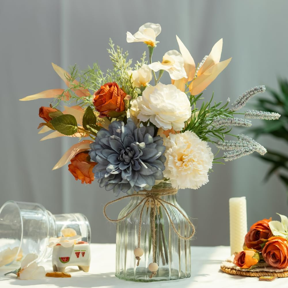 Blue Dahlia Silk Flower Arrangement in Glass Vase for Home Decor