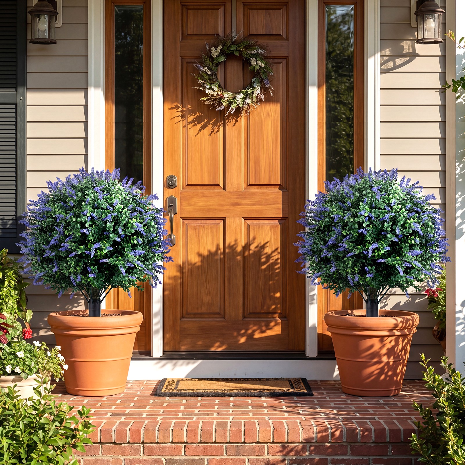 2Pack Artificial Lavender Boxwood Topiary Ball Trees, Faux Floral Shrubs, Patio