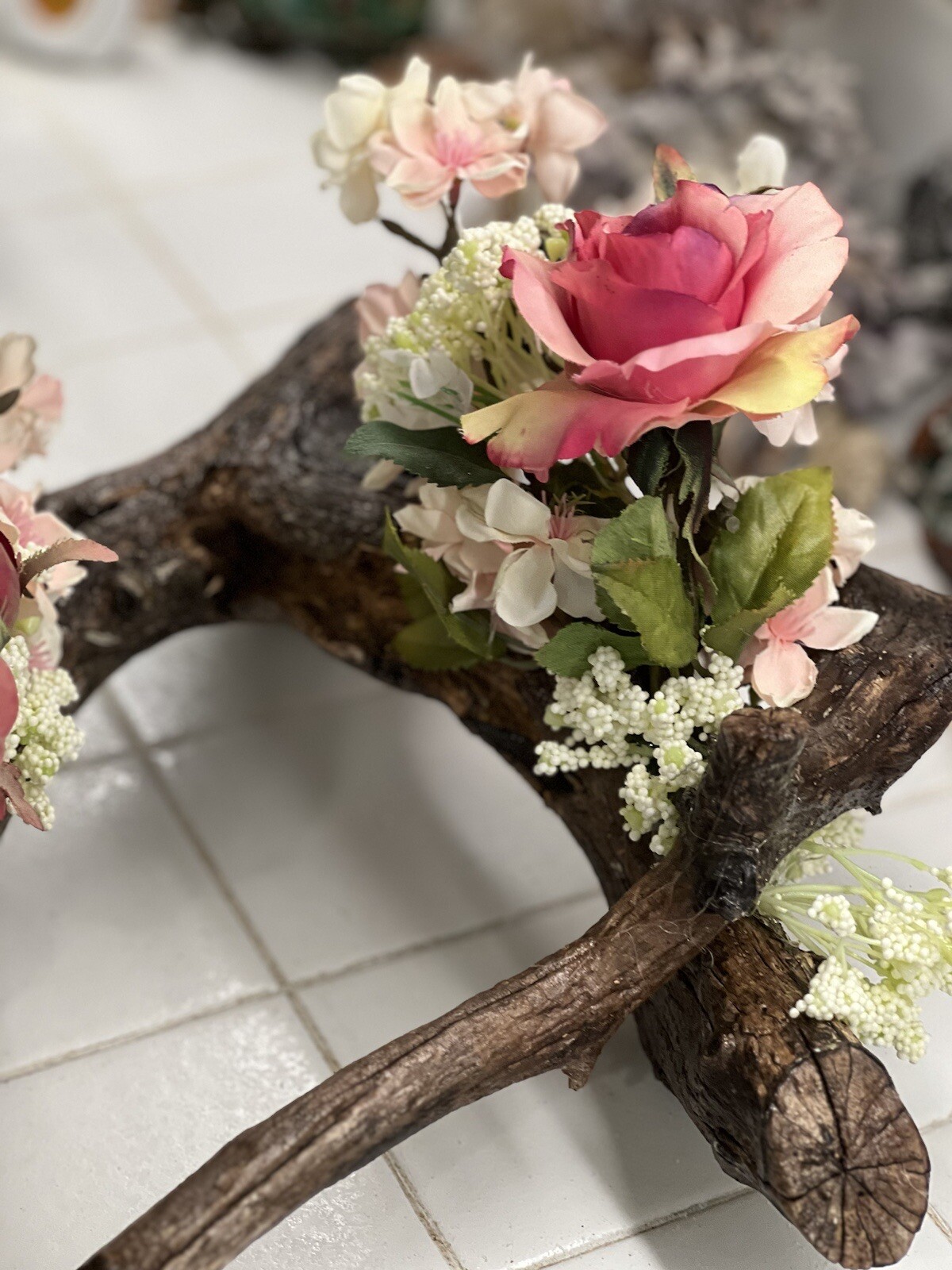 ORIGINAL FLORAL DESIGN WOOD BASE, ROSES, PEACH BLOSSOMS MOSSES BABY BREATH