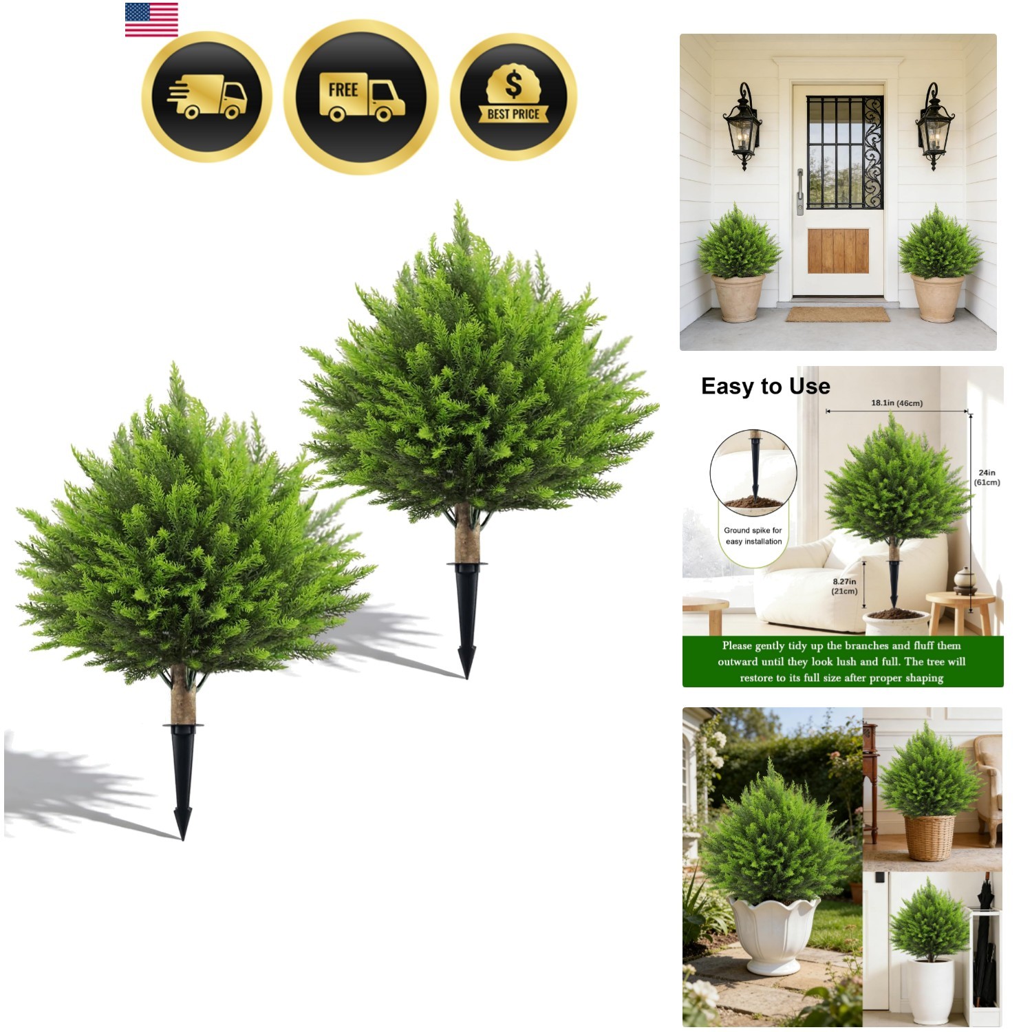 2 Set Artificial Cedar Topiary Ball Trees with Spike, 24″ UV Resistant Fake E…