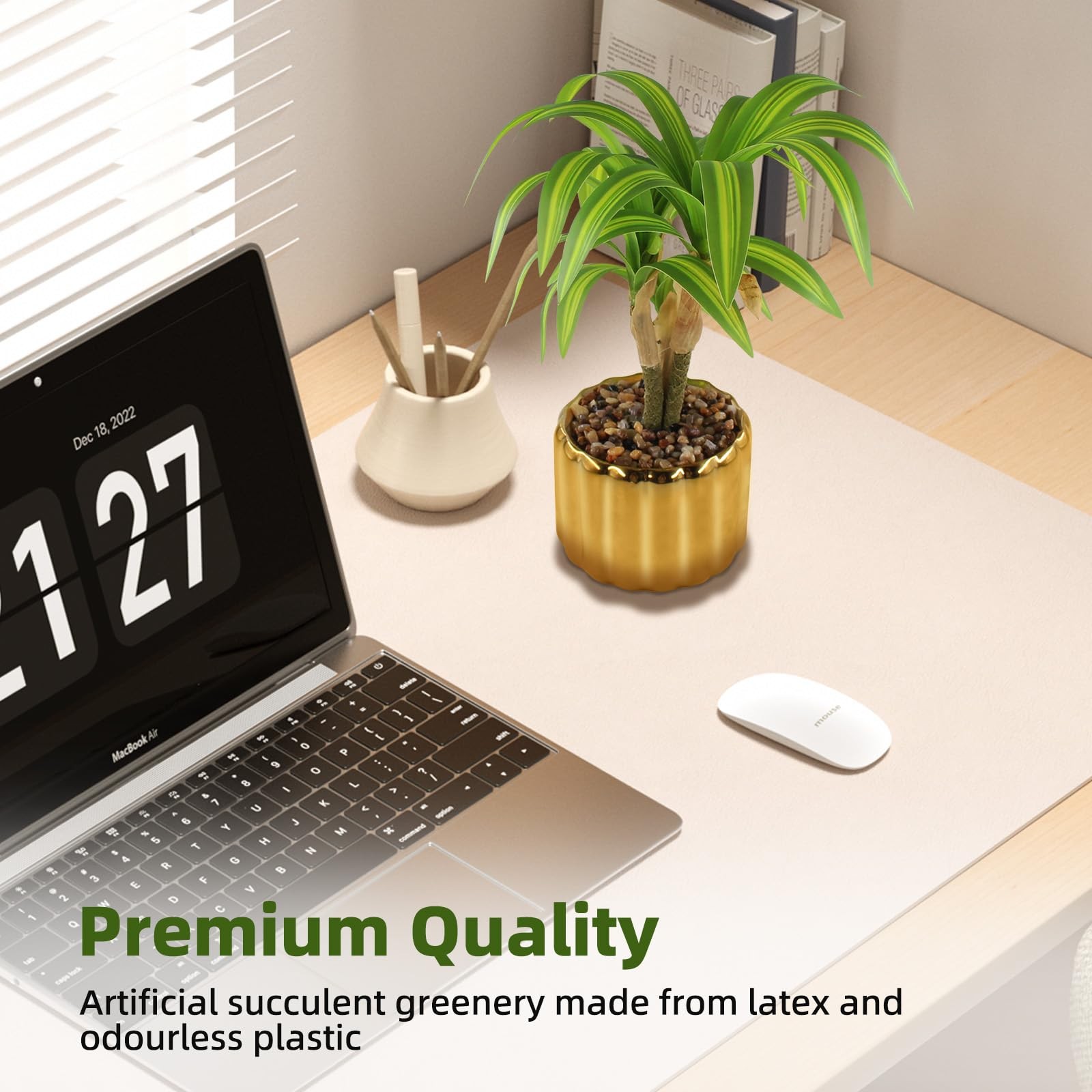 10. 6″ Artificial Dracaena Plant with Textured Leaves Golden Ceramic Pot Real…