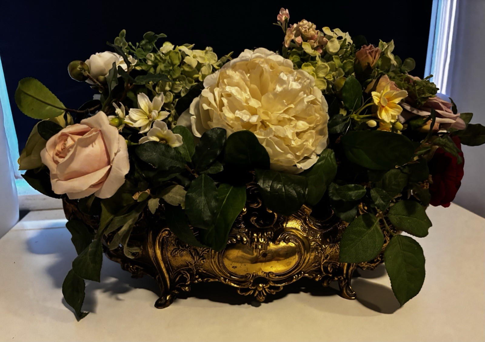 Large Elegant PINKS Flower Arrangement In Antique Brass Victorian Centerpiece