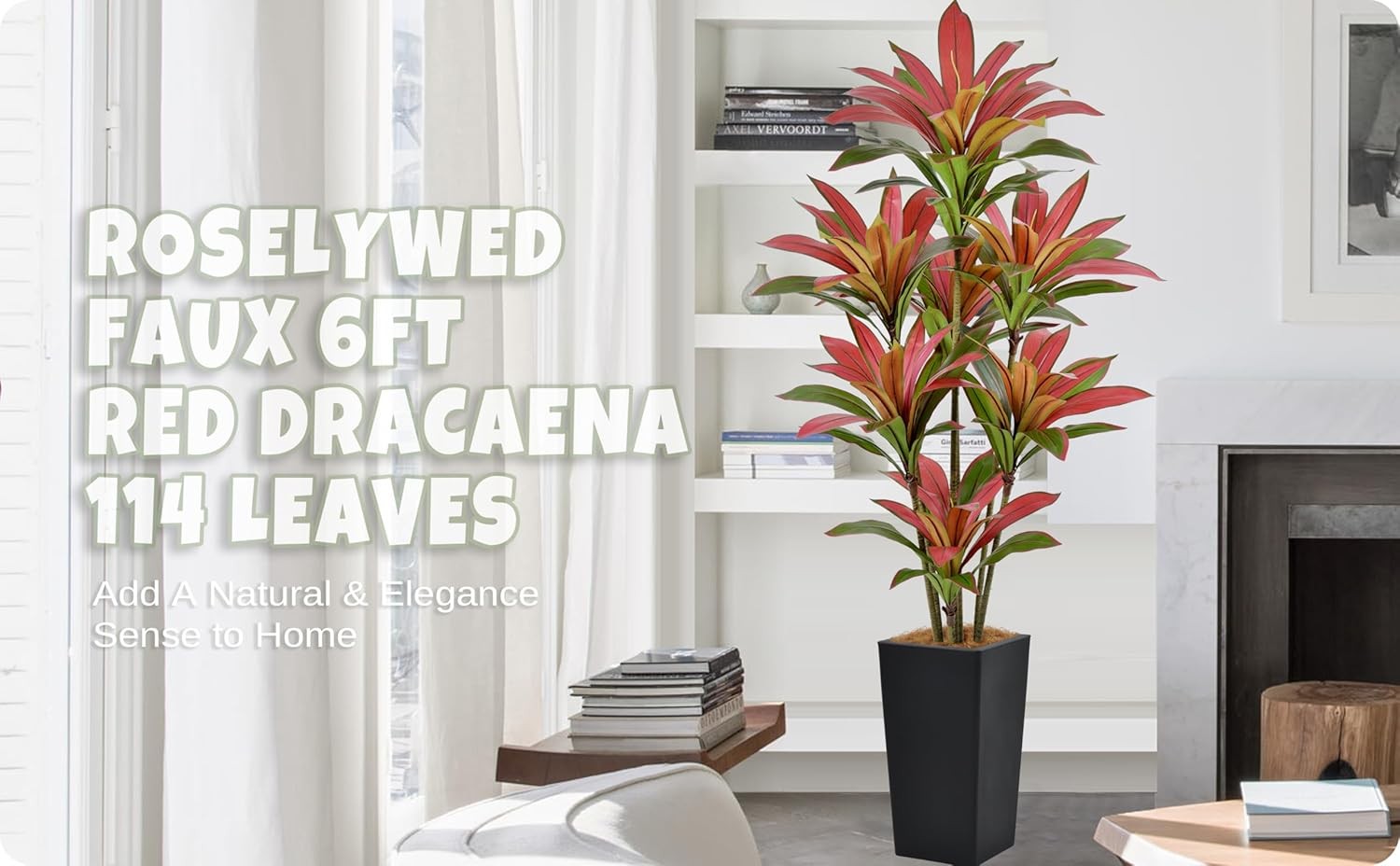 Artificial Red Dracaena Tree 6FT with 114 Leaves & 7 Heads & Black Tall Planter