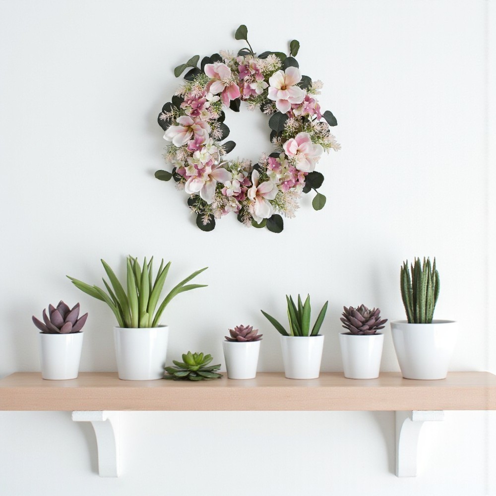 Nearly Natural Artificial Wreath 20″Dia Hydrangea Magnolia Pink Silk Flowers