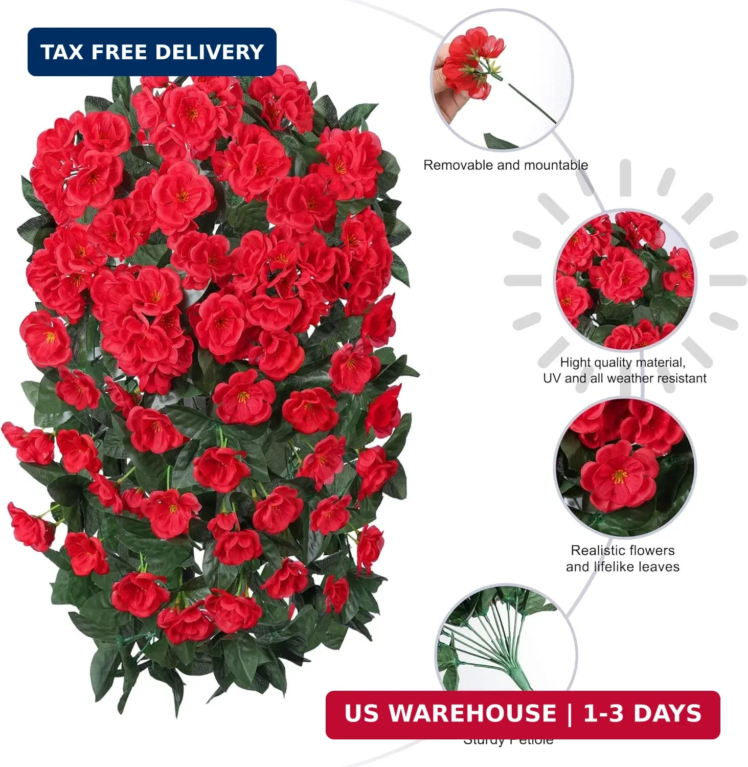 Artificial Flowers for Outdoors Fake Geraniums Summer Outside Decor, 2 PCS Red G