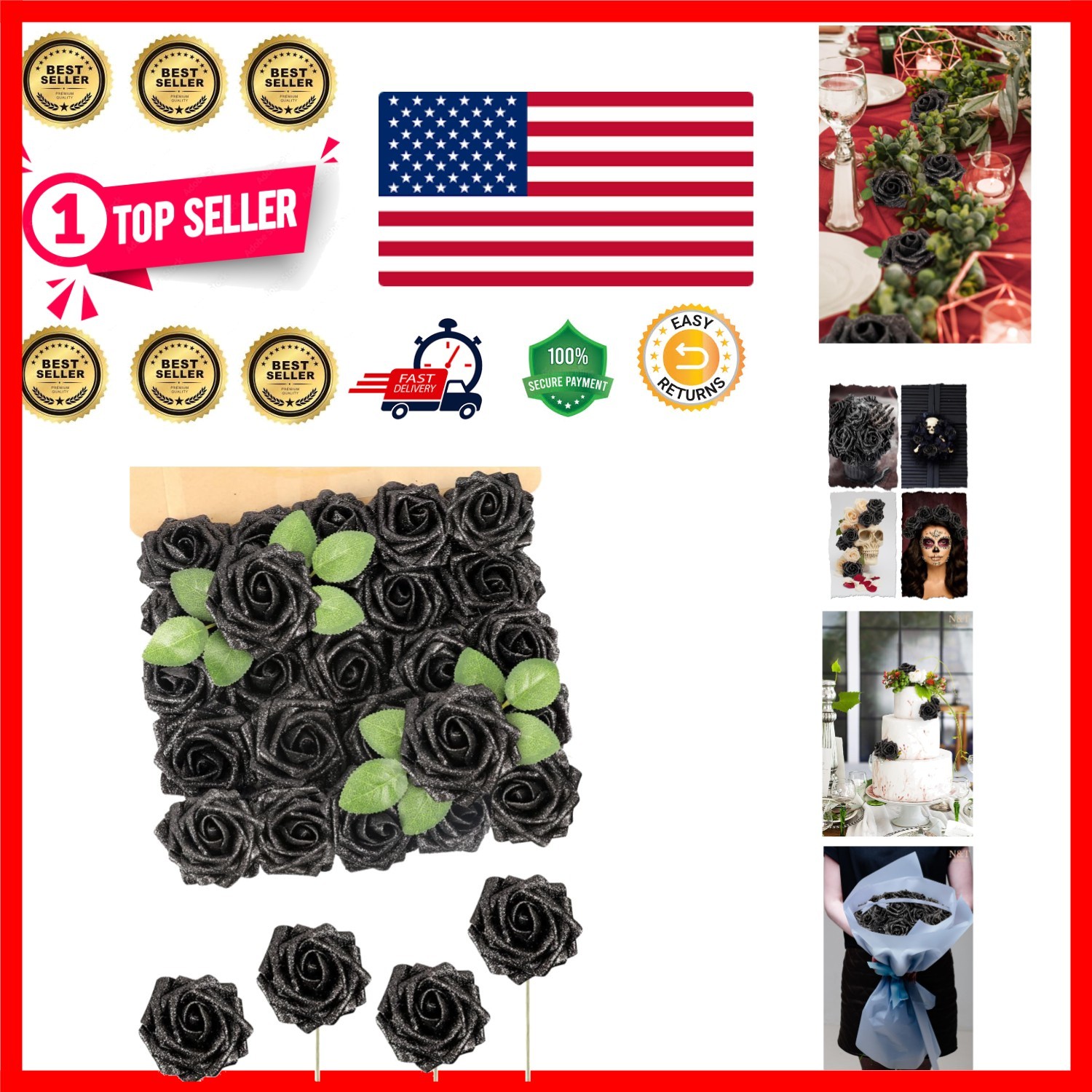 Realistic 25pcs Black Glitter Foam Roses – Perfect for Bouquets & Centerpieces