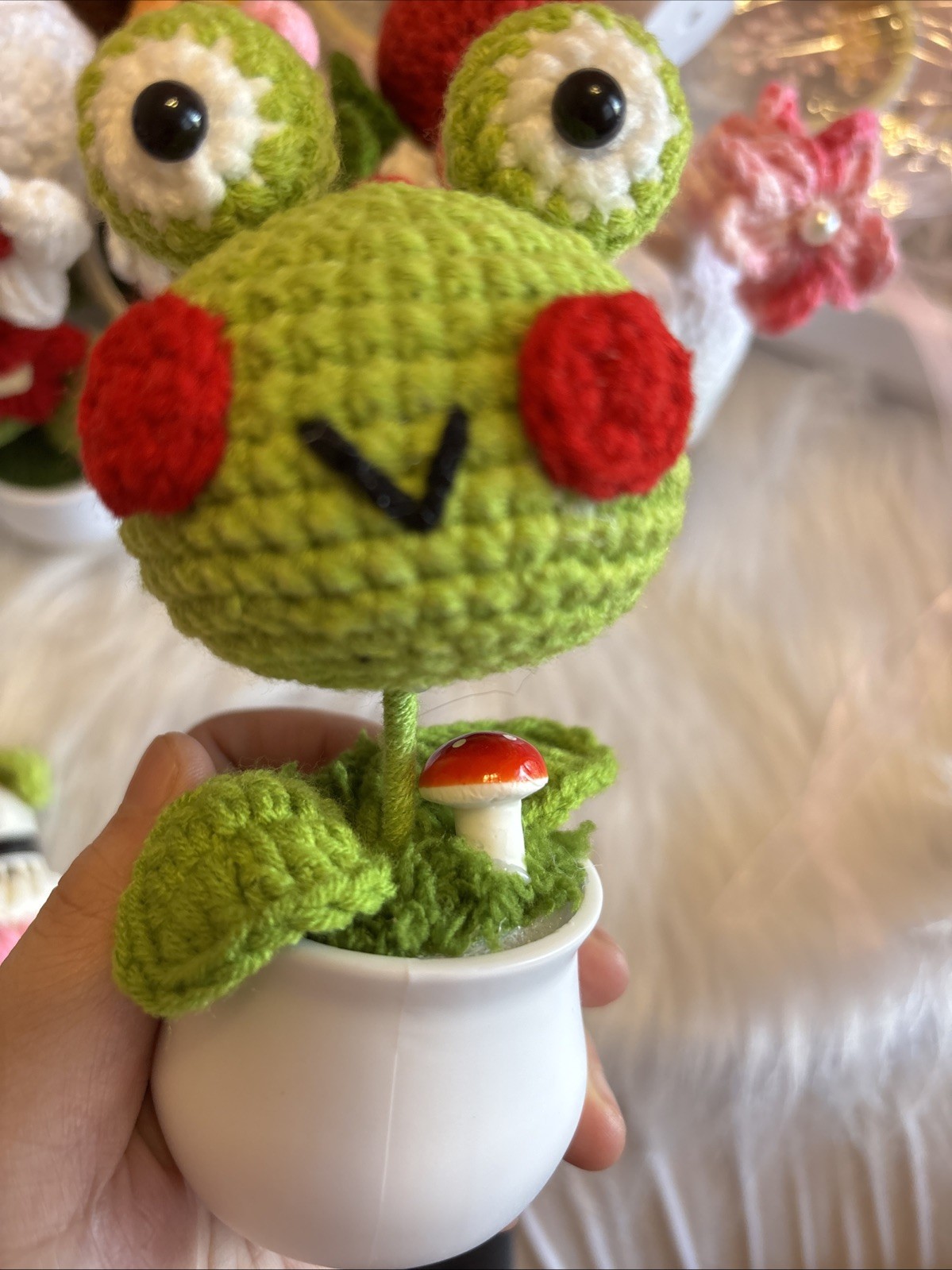 Handmade Crochet Green Frog Potted Plant Kawaii Fairycore Desk Decor Gift