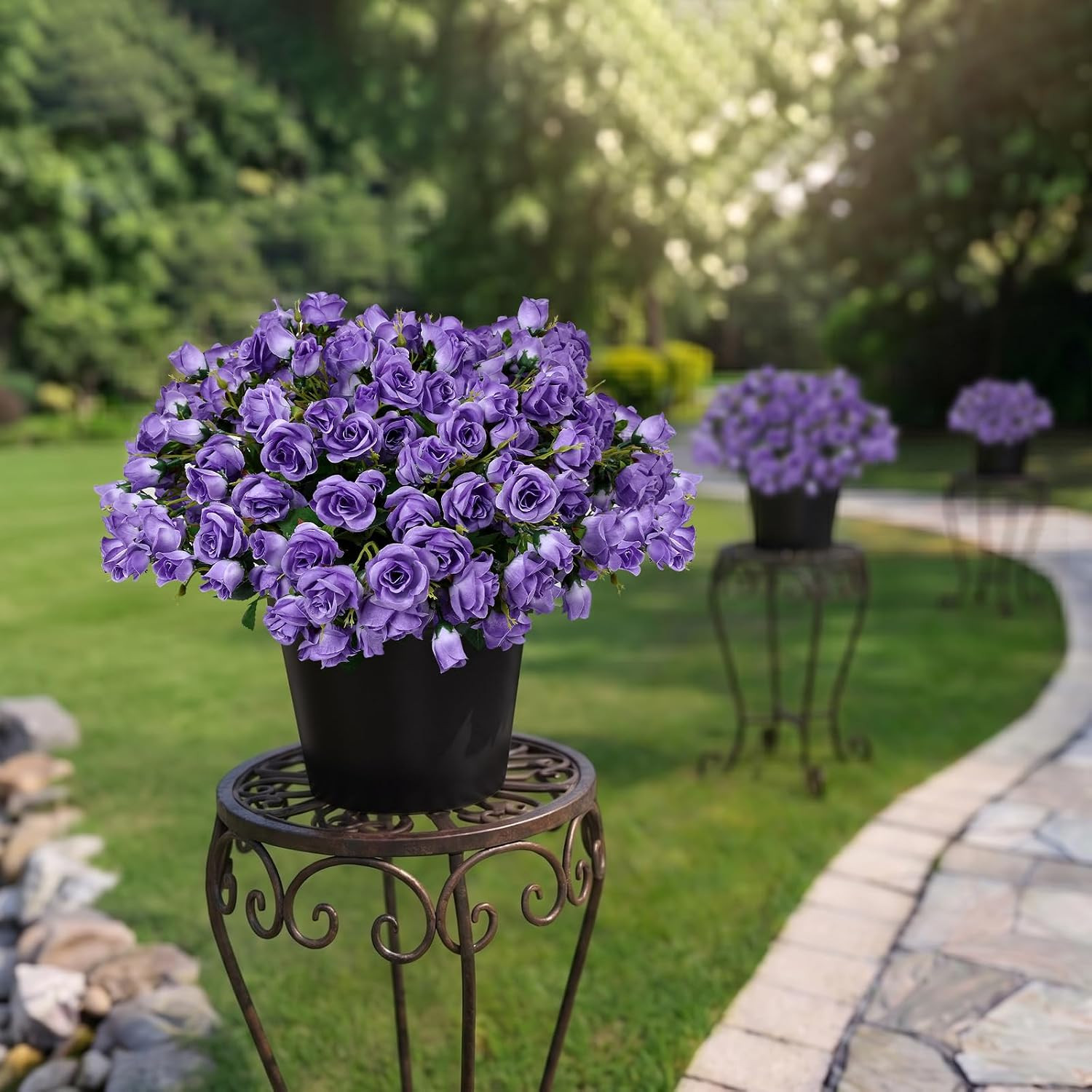 Purple Faux Roses in Pots – 2 Pack UV Resistant Outdoor Decor