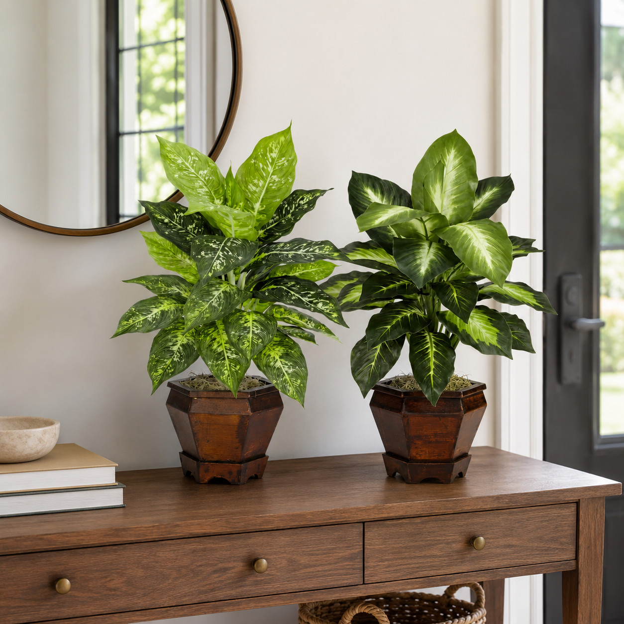 Golden Dieffenbachia w/Wood Vase Silk Plant – Assorted