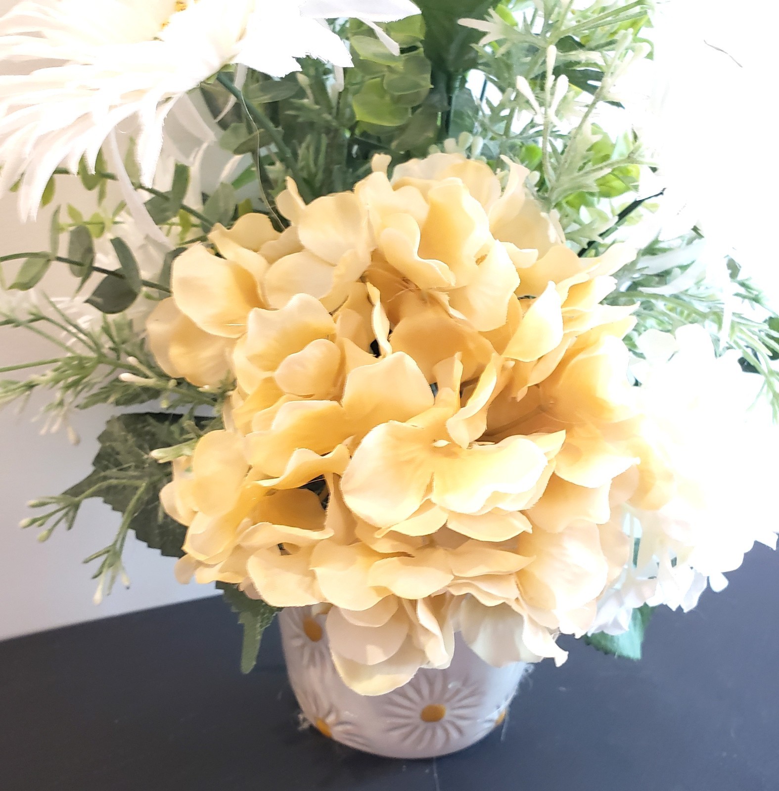 Cream Hydrangea & White Daisy Faux Floral Arrangement, Cottage Style Centerpiece