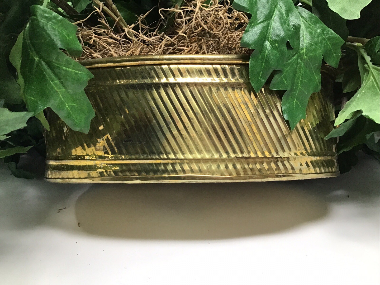 Large Artificial Silk Green Leafy Plant In Brass Hosley Planter