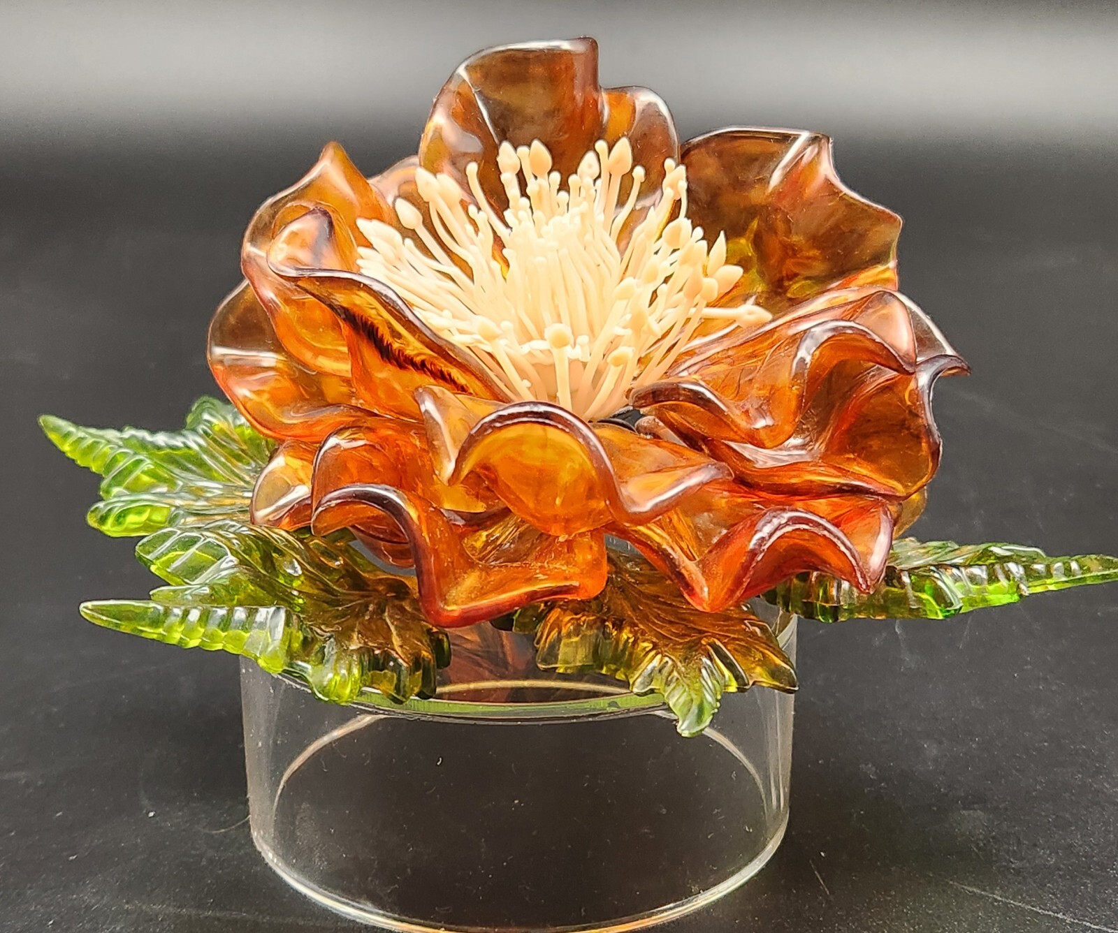 Vtg MCM Lucite Magnolia Flower & Leaves Wired Floral Arrangement Acrylic 7.5 x 7