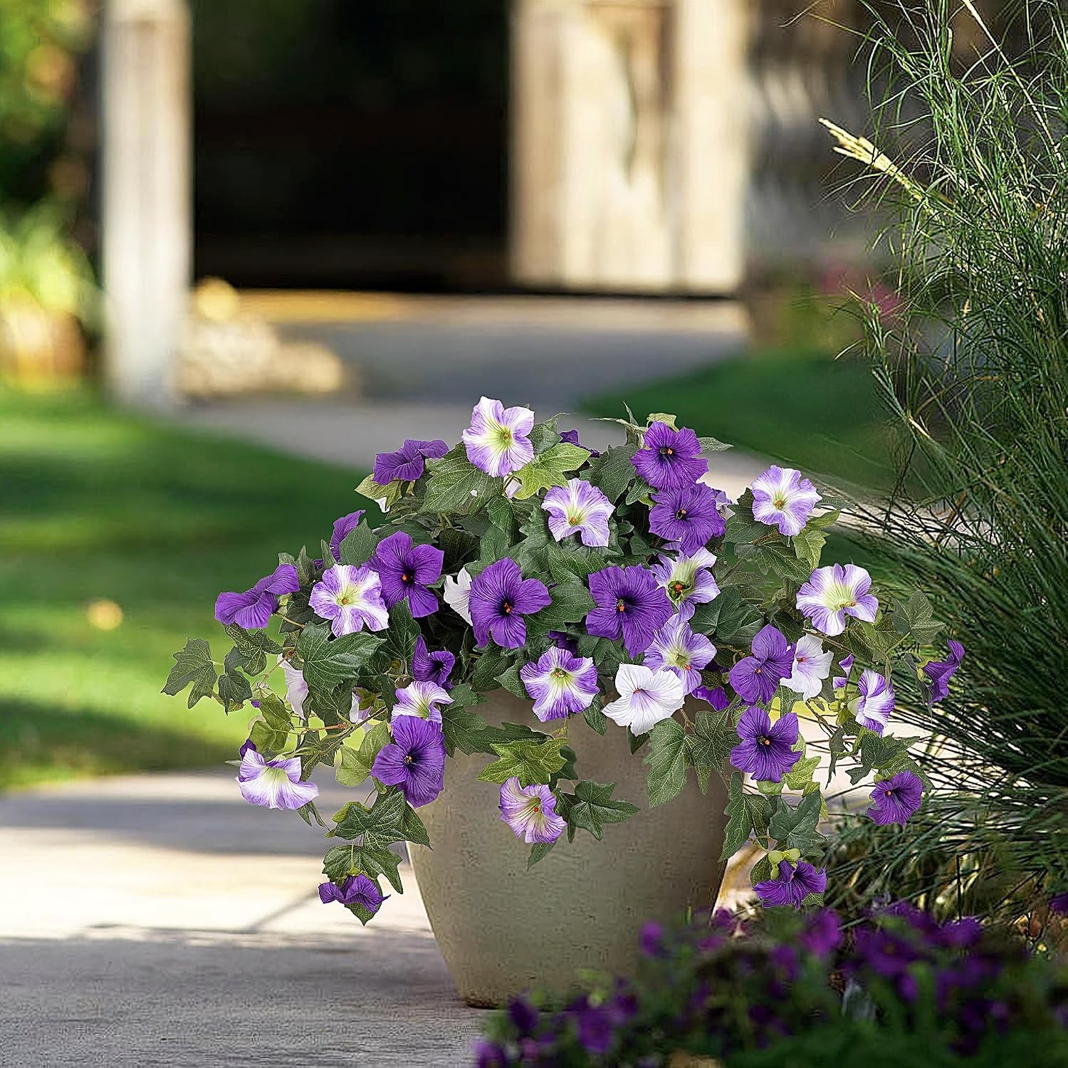 Realistic 2PCS Purple & White Fake Petunias – Maintenance-Free Floral Accents