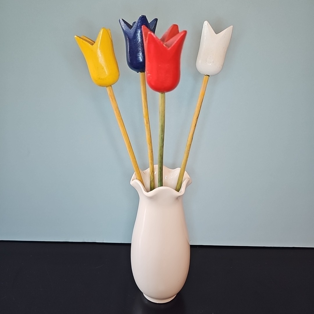 Vintage Sweden Wooden Tulips With Vase Approx 13” Tall