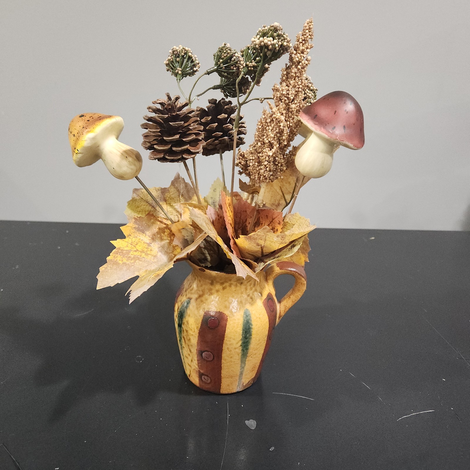 Vtg Vase Creamer Pottery Faux Retro Floral Arrangement Cones Mushroom Fall 12″