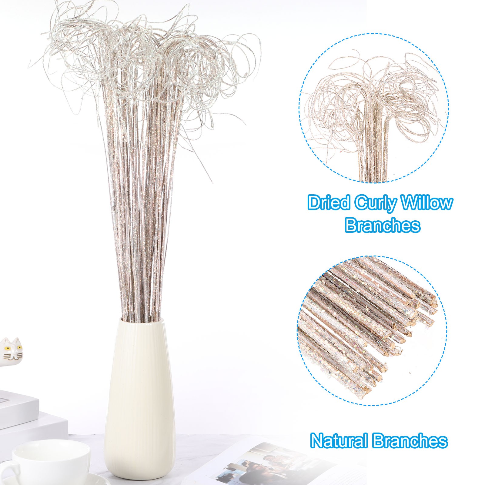 30Pcs, Glitter Dried Curly Willow Branches Natural Branches Twigs White