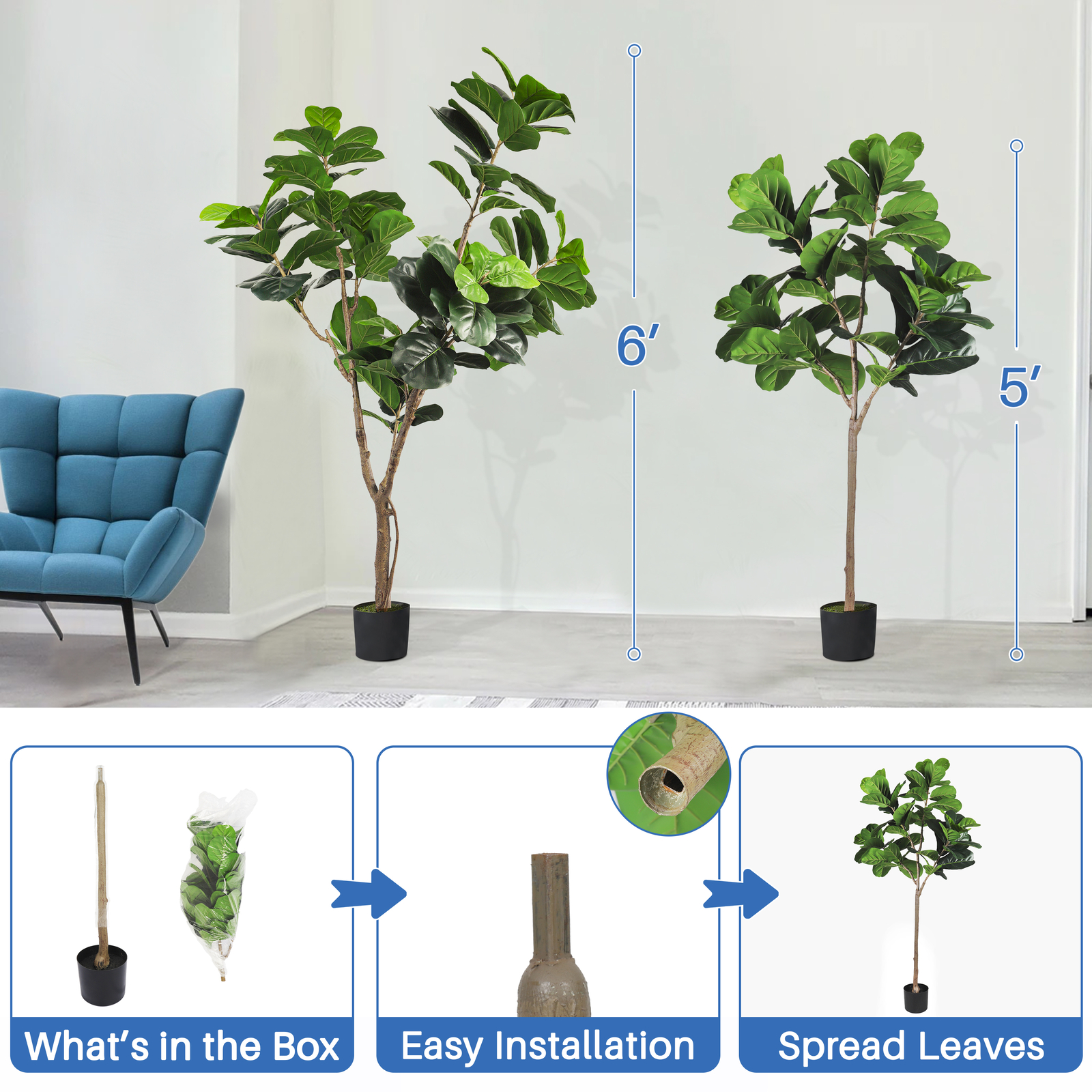 Artificial Fiddle Leaf Fig Tree Fake Ficus Lyrata Plants w/ Pot for Home Decor