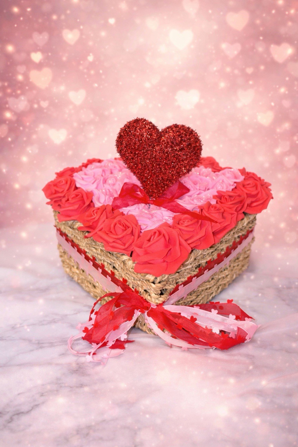 Red And Pink Forever Roses In A Wooden Heart Shaped Box