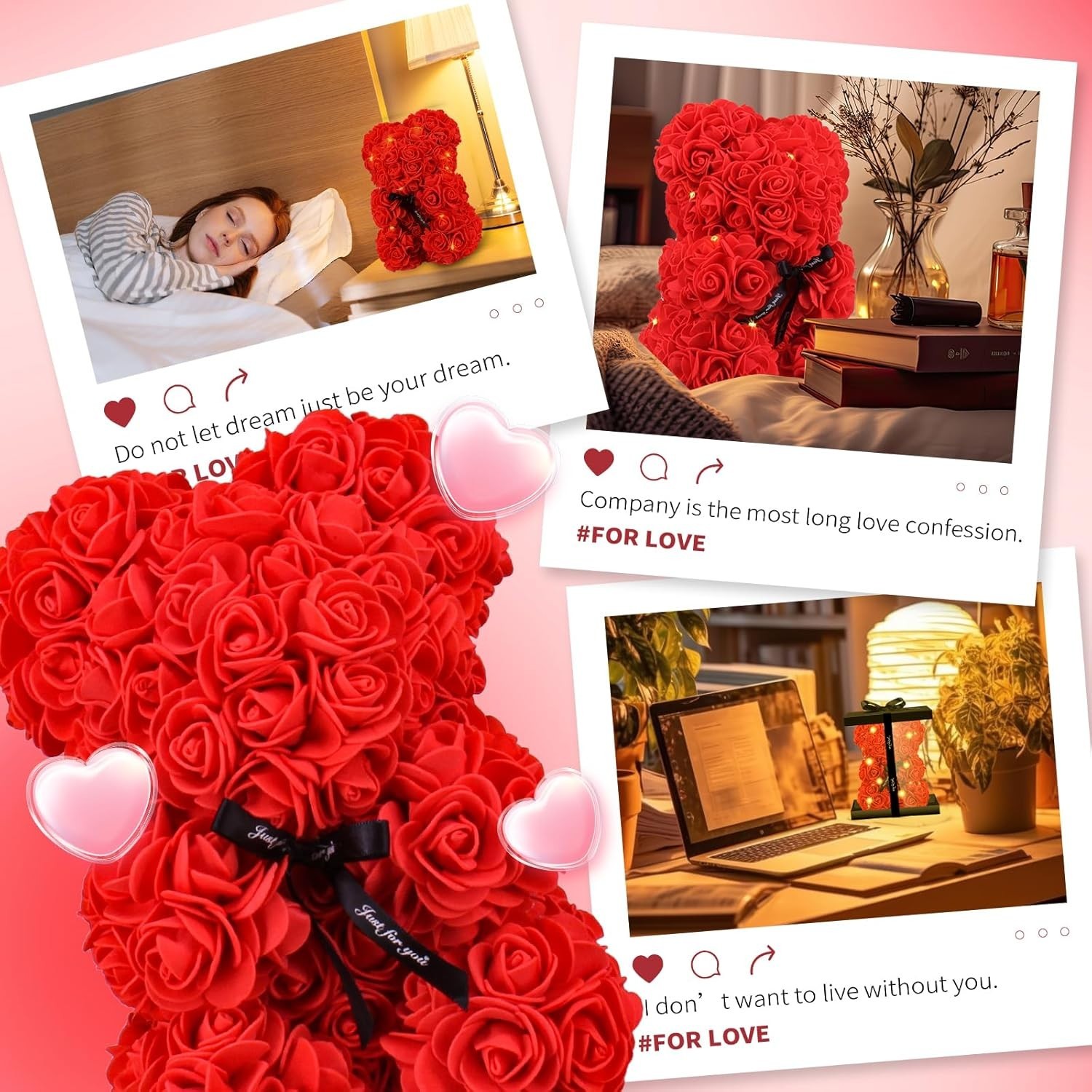 Otlonpe Bear Rose Valentines Day Gifts for Her, 9 inch Flower Bear with Led L…