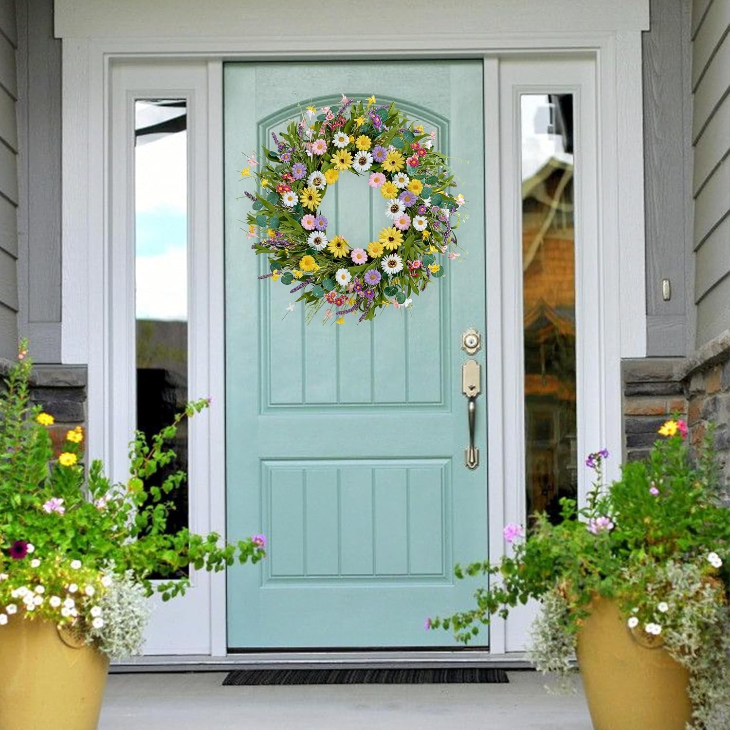 Multicolor Artificial Spring Summer Wreath 22 Inch Yellow Daisy Flowers Greenery