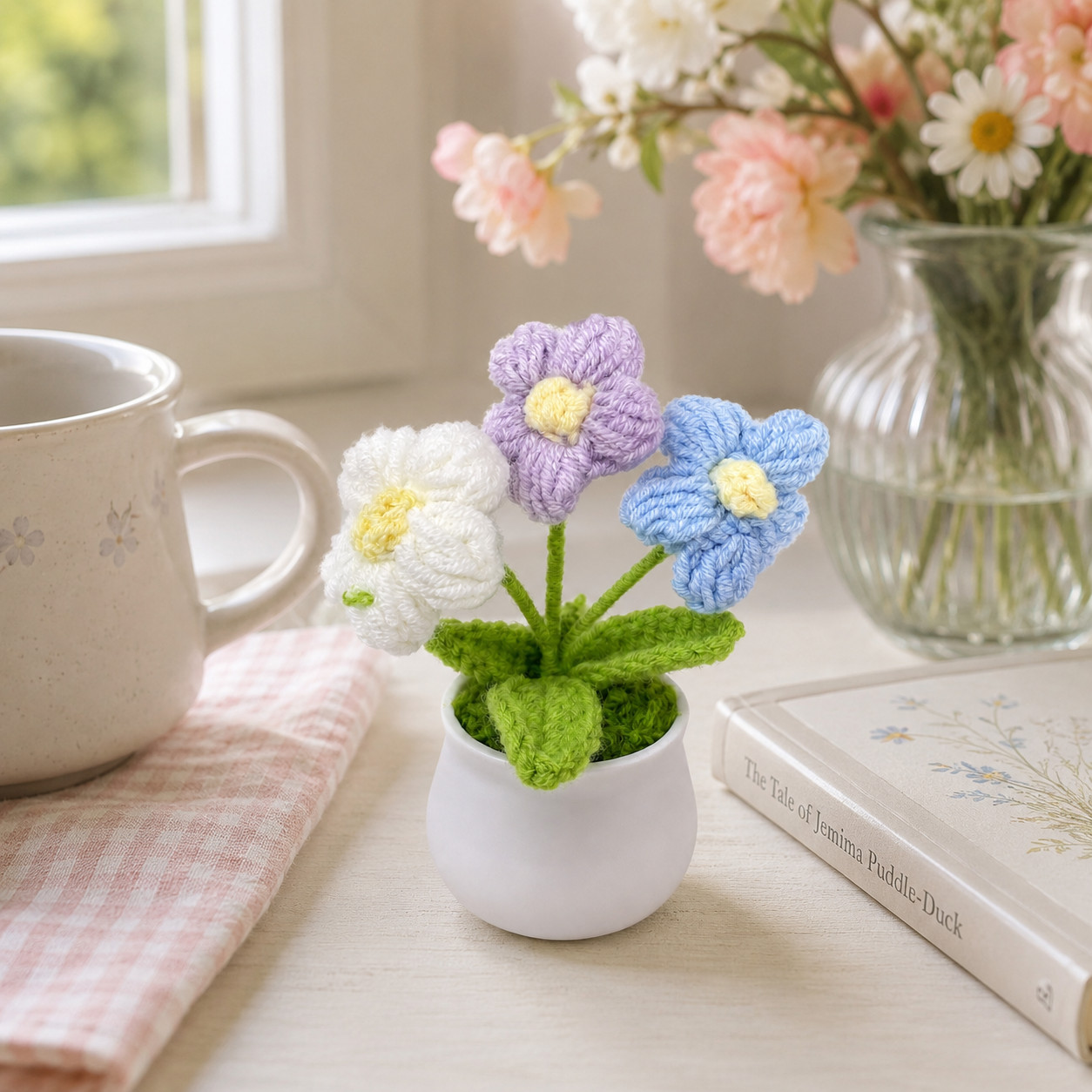 Pastel Trio Crochet Flower Mini Potted Desk Decor with Flexible Stems
