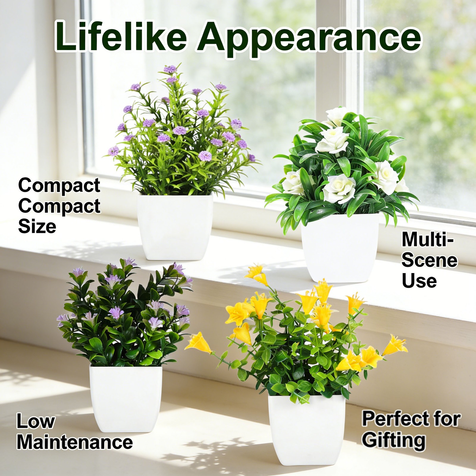 4 Pack Fake Plants Small Artificial Potted Faux Plants with Flowers Office Decor