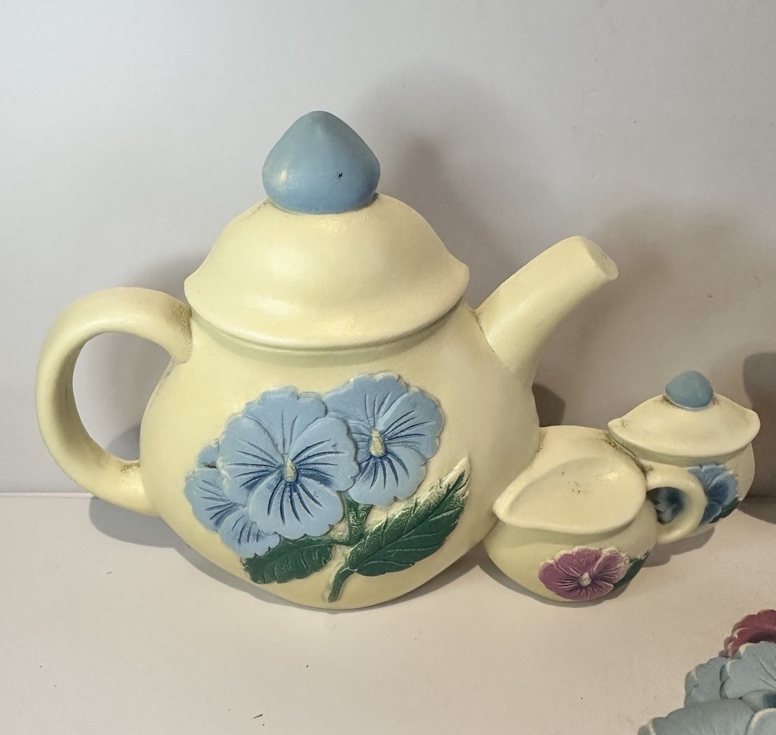 Vintage Burwood Pansy Flower & Teapot Wall Hanging Plaques Set (3)