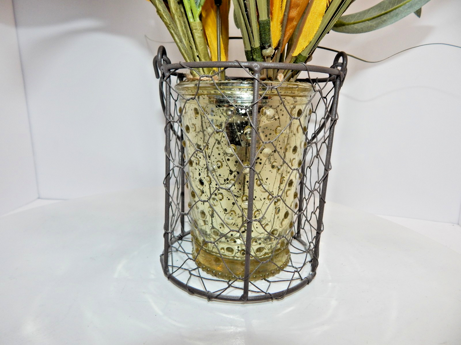 Bouquet Mix Artificial Fall Foilage ripened wheat grains stems glass wire basket