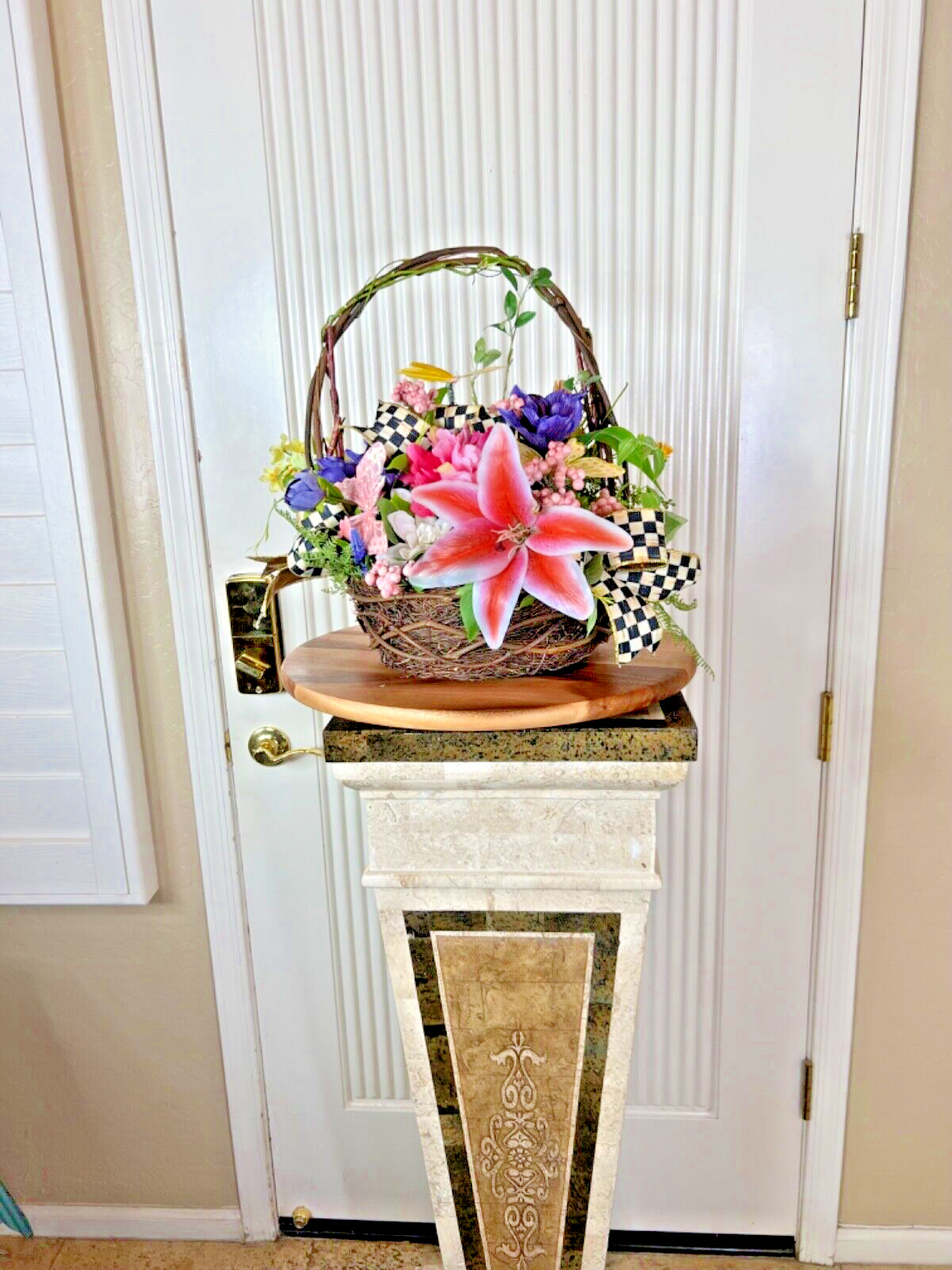 Spring-Summer Silk Flower Basket, Realistic Silk Basket, Tabletop Decor, Gifts