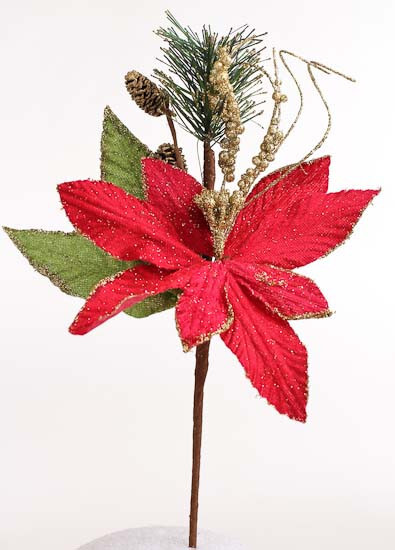 Set of 12 Red Poinsettia & Gold Glitter 9-1/2″ Floral Picks with Small Pinecone