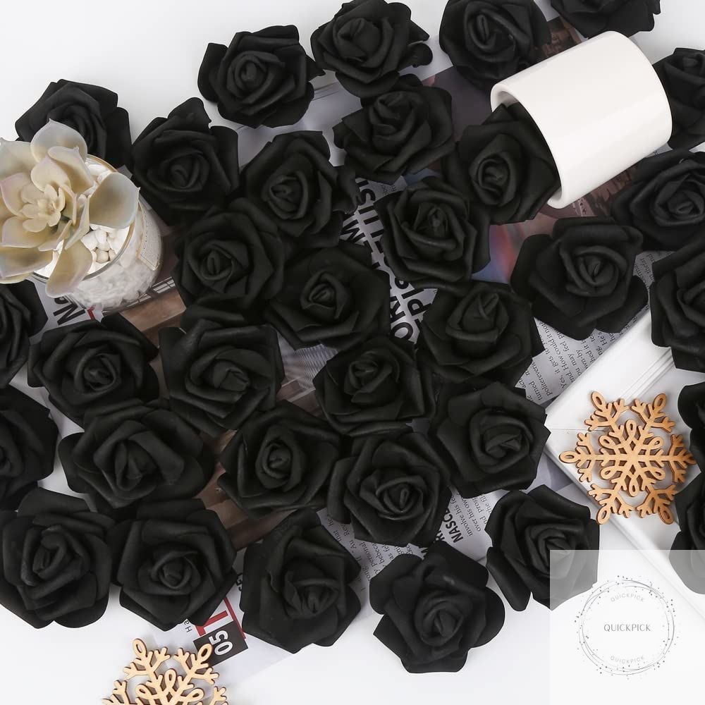 200pcs Black Artificial Foam Rose Flower Head, 3-Inch Fake Flower Heads Stemless