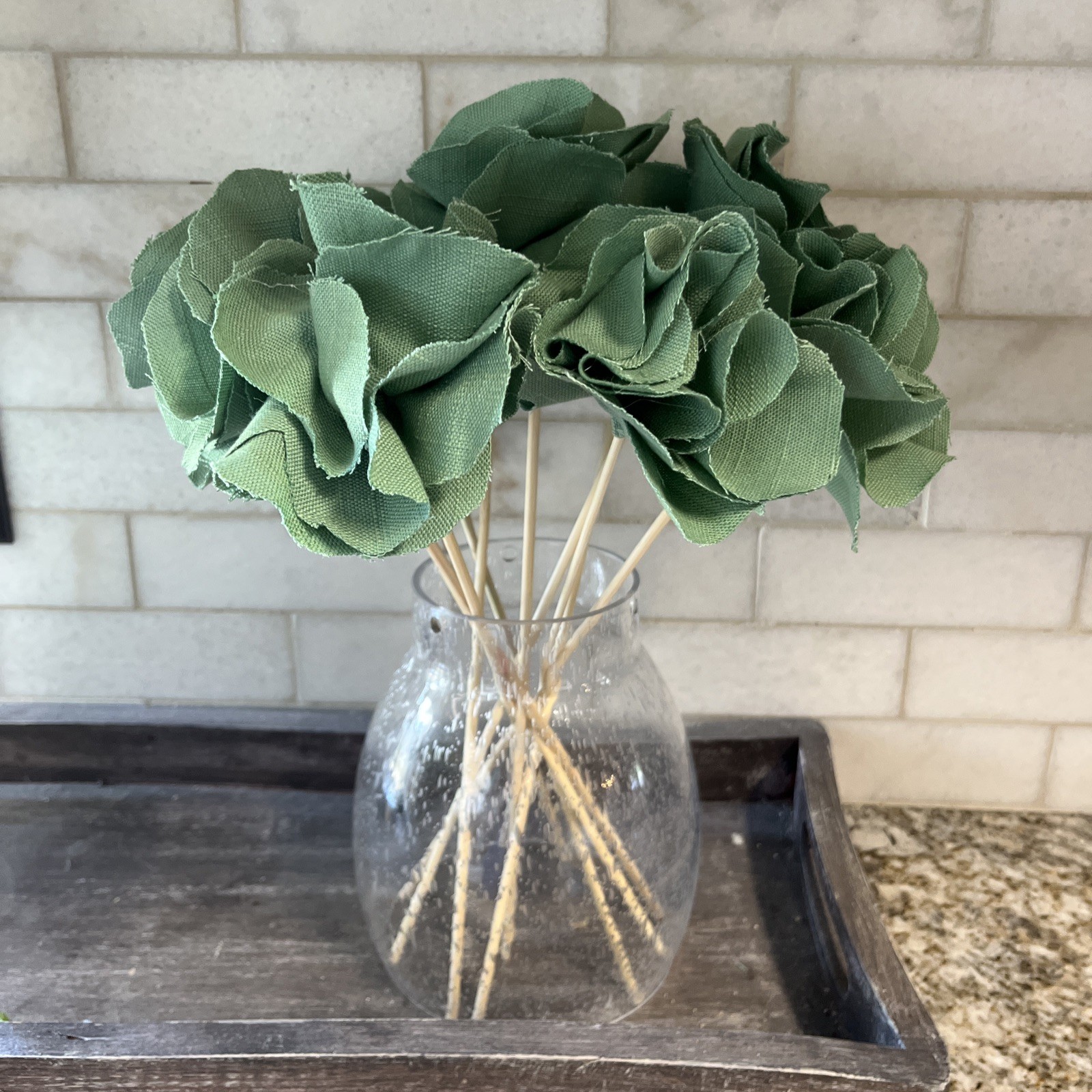 Flowers Handmade Green Fabric Set Of 10 Flowers. 12”-13” Long Vase Not Included