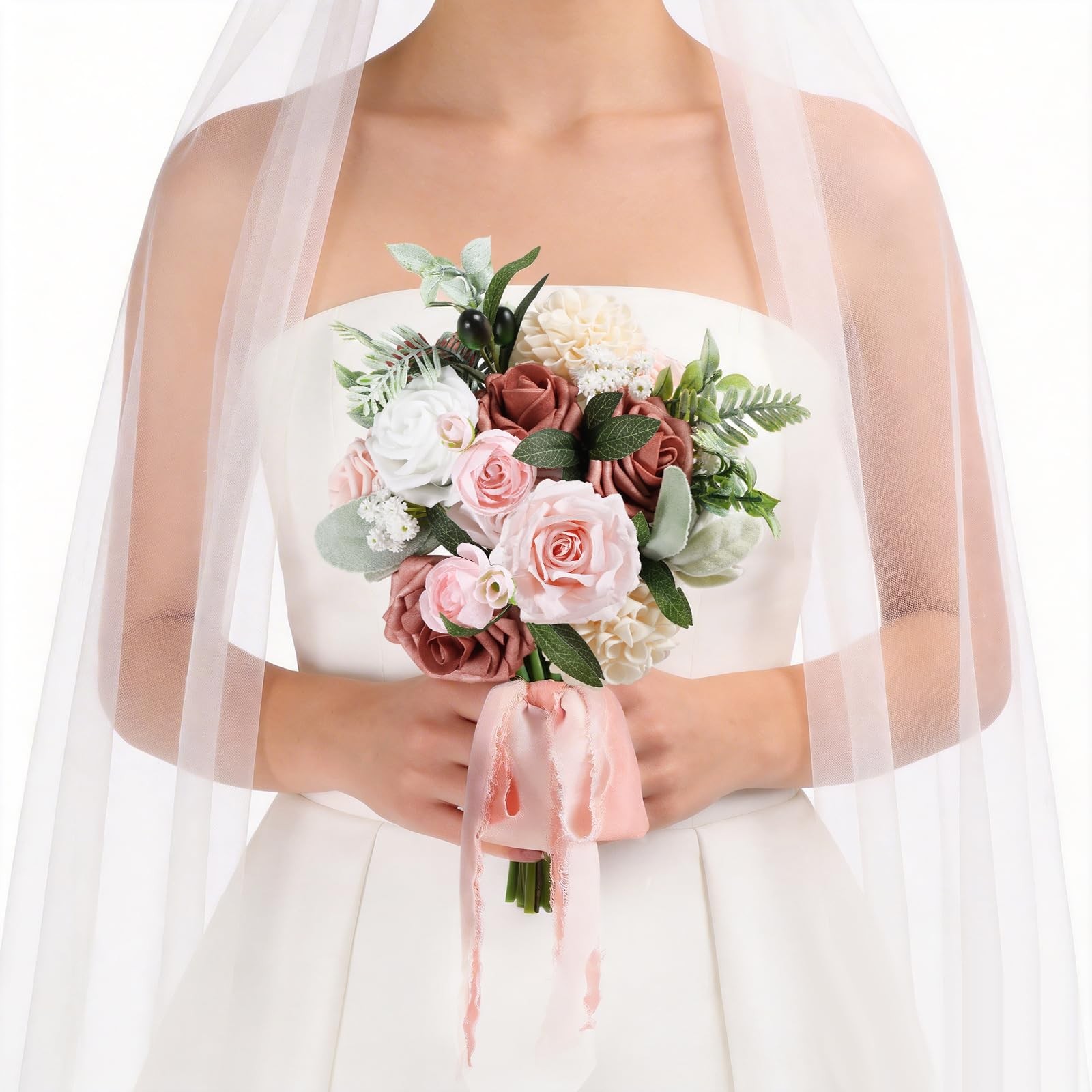 Dusty Pink Fake Wedding Bouquet Artificial Bridesmaid Roses Flowers Decoration