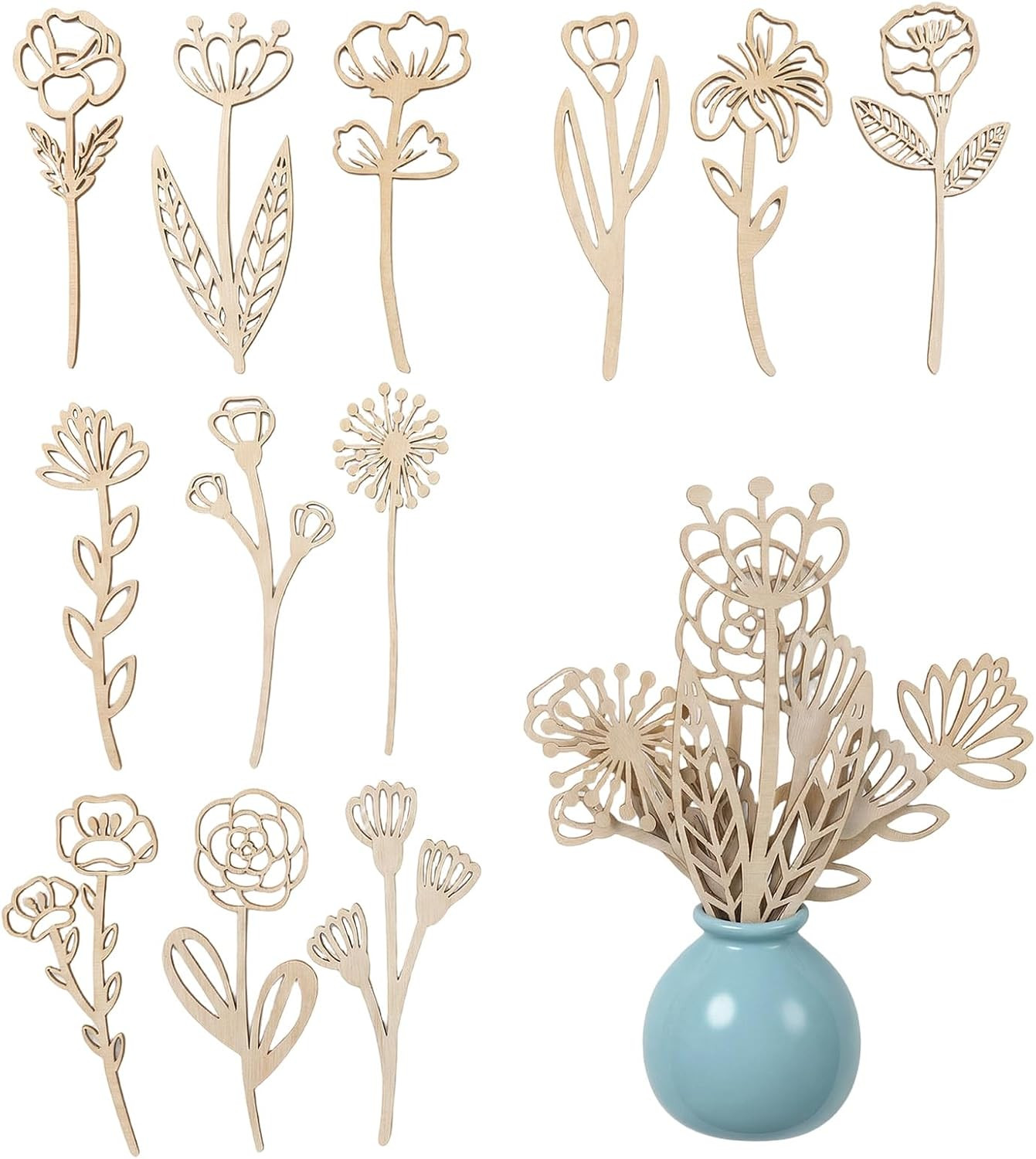 12 Pack Wooden Flowers with Stems Wood Flower Cutouts DIY Crafts Decor