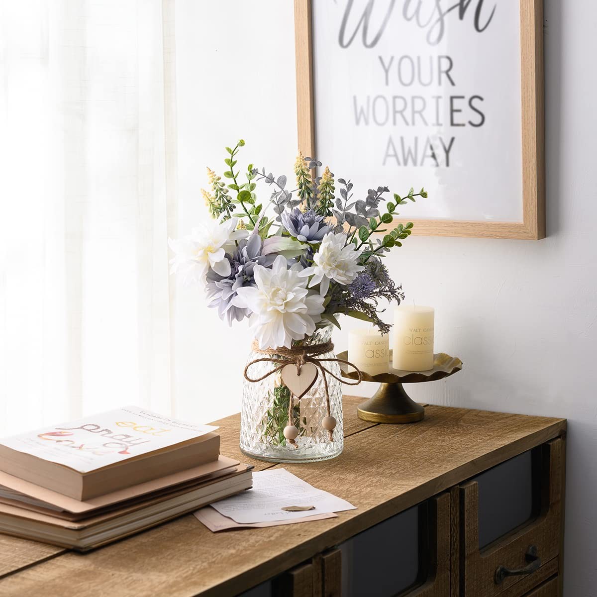 Fake Flowers Artificial Blue Flowers with Vase, Table Centerpieces for Dining…