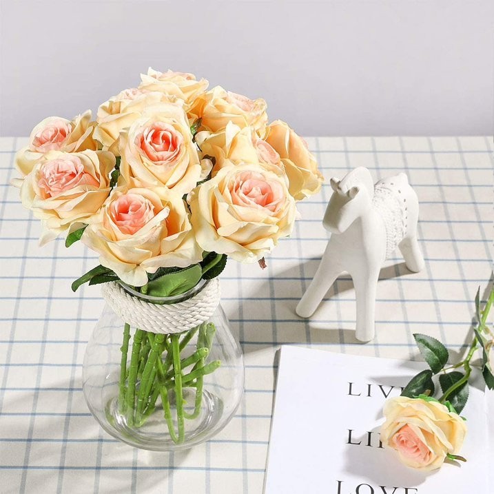 10Pcs Artificial Rose Silk Flowers Faux Bouquet Wedding Party Home Champagne